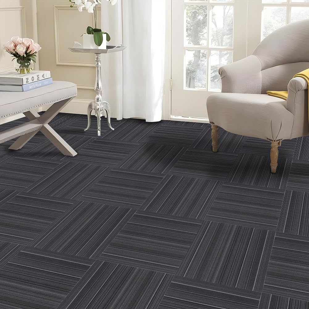 24 inch x 24 inch Carpet Tiles upholstered Non-Slip Carpet Squares Reusable Easy to Install Indoor and Outdoor Office Home Decor Flooring (Black, 18 PCS)