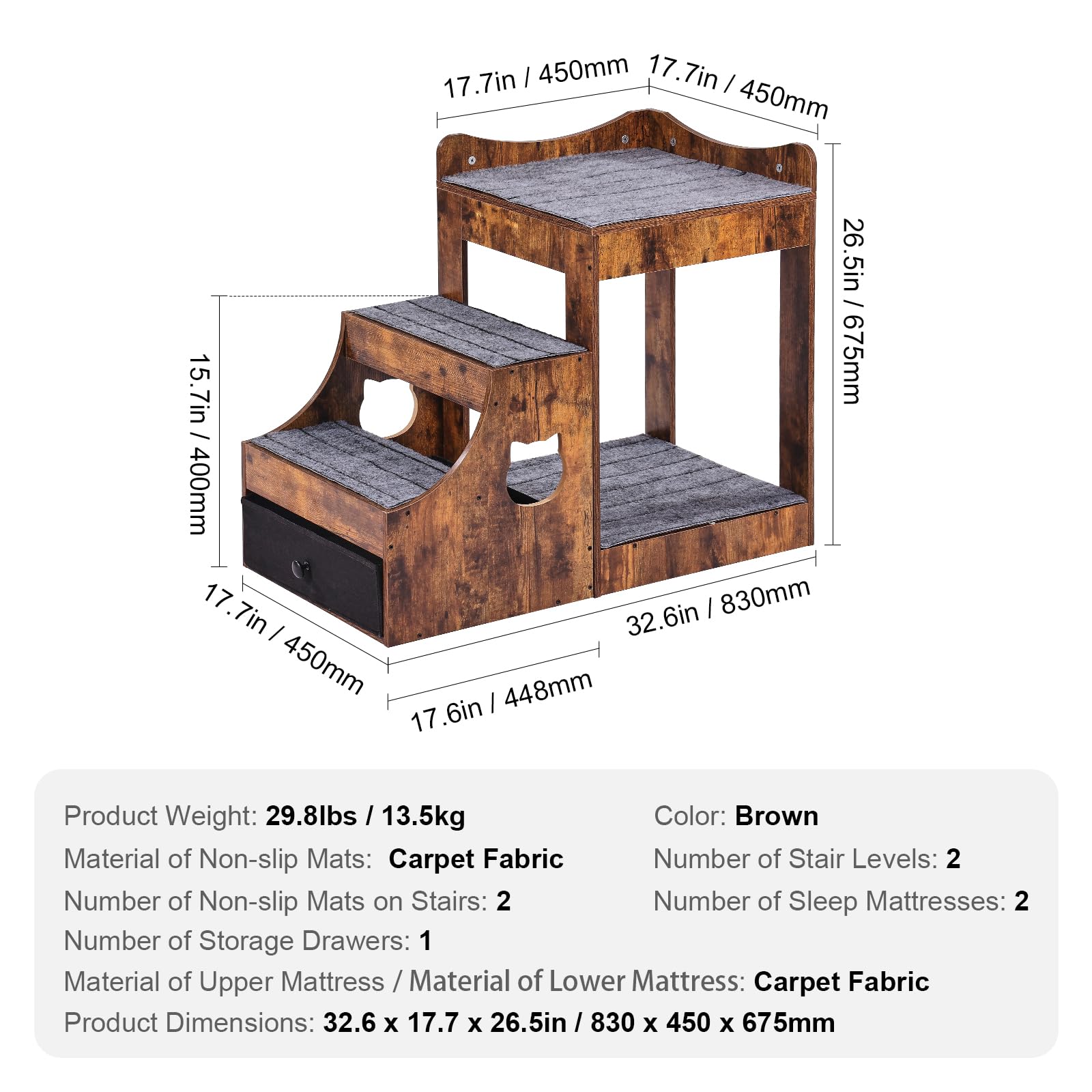 VEVOR Lit Superposé pour Animaux de Compagnie Chien Chat avec Escaliers Amovibles et Tiroir de Rangement, Marron