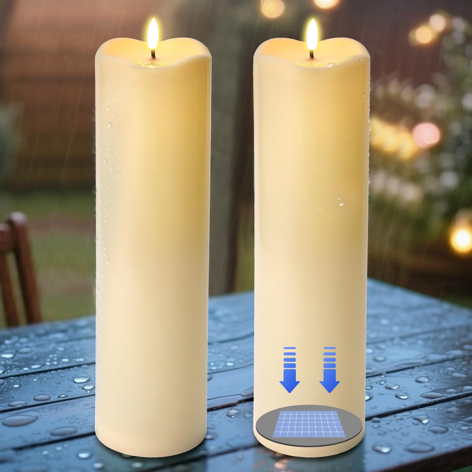Velas solares grandes sin llama para exteriores, 4 x 14 pulgadas, velas parpadeantes recargables de energía solar, velas falsas de plástico impermeables para decoración de porche y patio (blanco