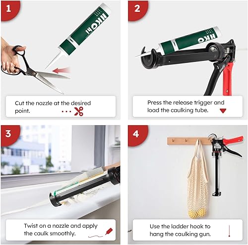 Miniatura 5 de XINQIAO Pistola de calafateo prémium y ahorro de mano de obra para cartuchos de silicona de 10 onzas, relación de empuje 18:1, rojo