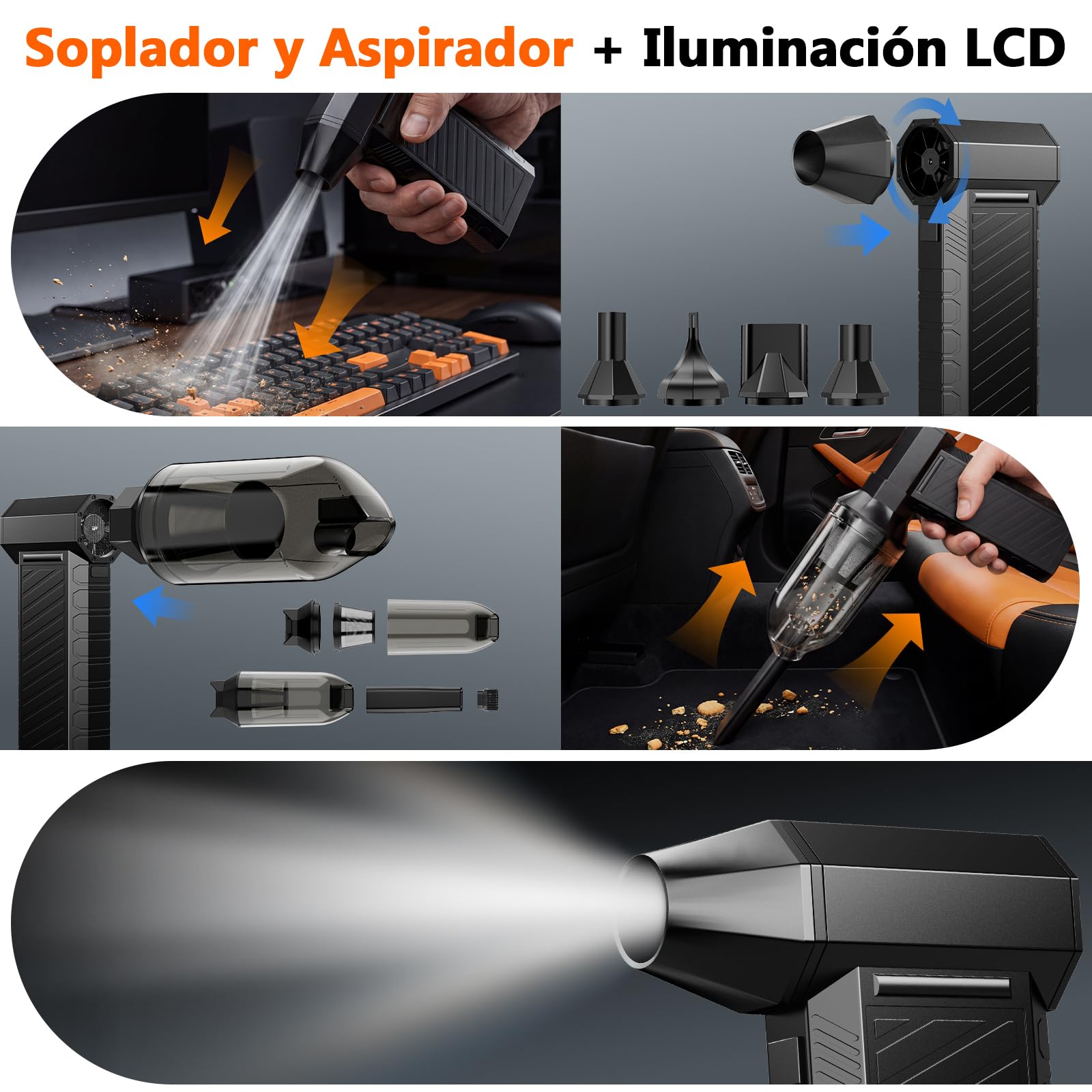 Preciva Soplador de Aire Potente, Aire Comprimido Limpieza y Aspirador 2 en 1, Pistola Aire con Bateria 8000 mAh, 180000 RPM, Mini Sopladora Ajustable para PC, Teclado y Coche