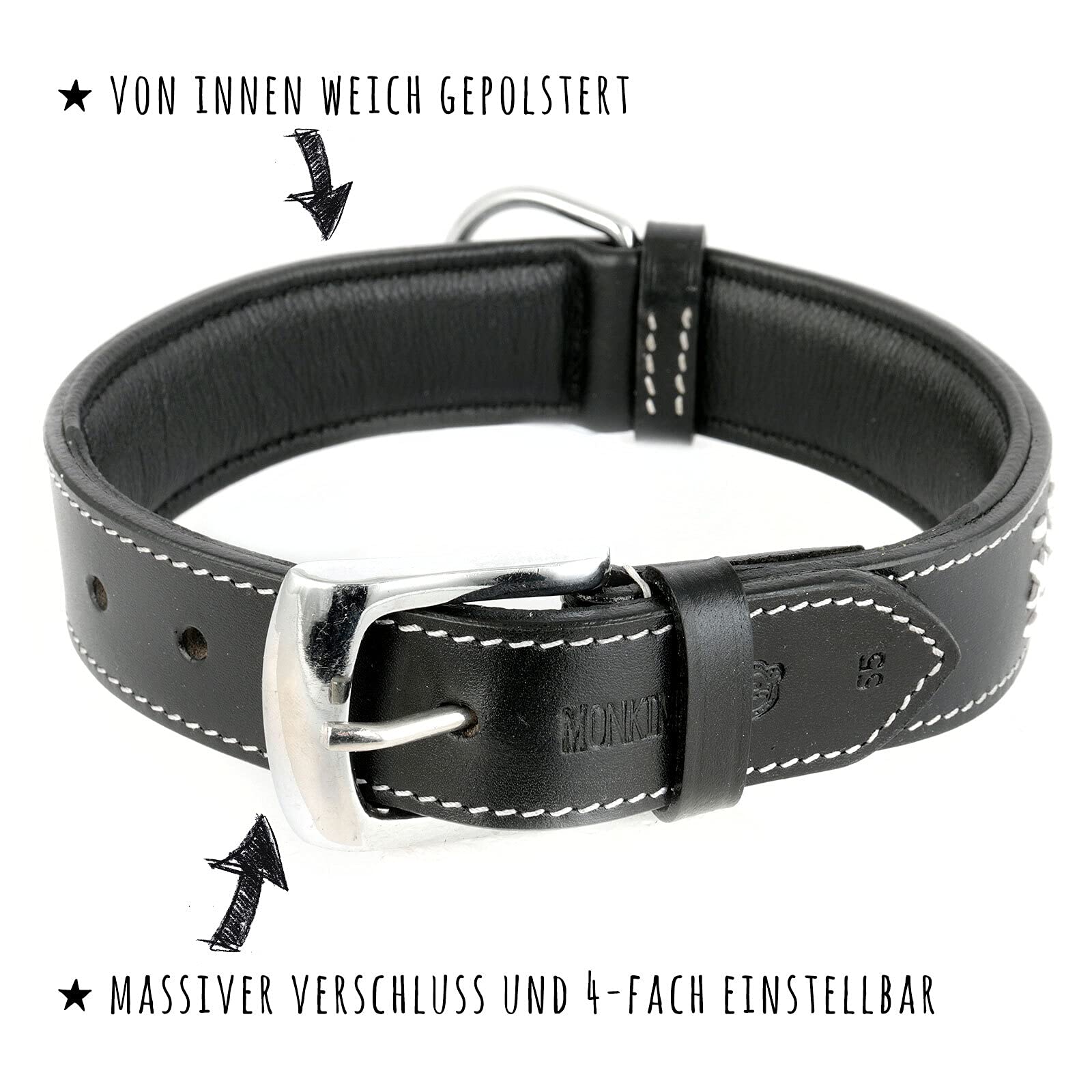 MONKIMAU Hundehalsband - Halsband für Hunde echt Leder geflochten gepolstert verstellbar (XS-S: 20mm x 40cm)