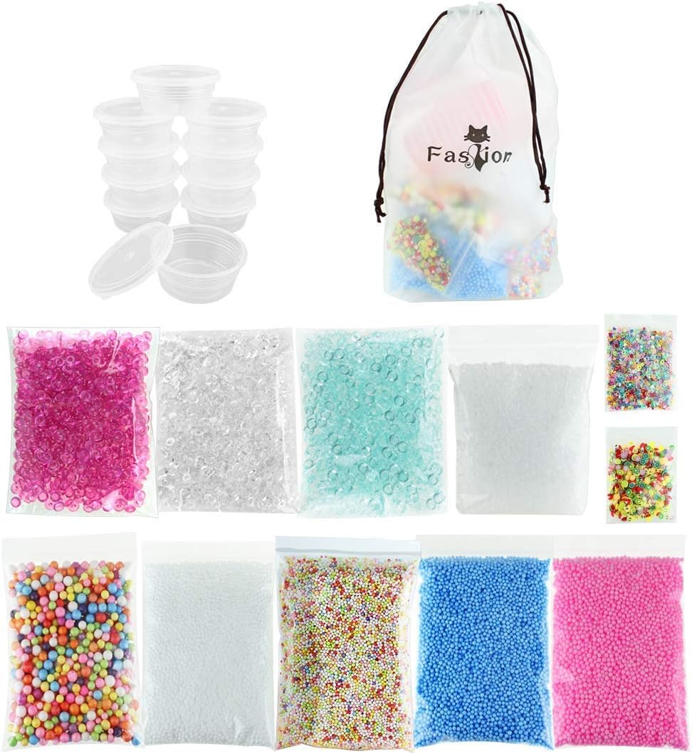 21 Pack Slime Supplies - 10pcs Storage Container for 20g Slime, Fishbowl Beads Fish Bowl Filler 5.3oz, Slushie Beads 3.5oz, Colorful Styrofoam Foam Balls 13000pcs with Fruit Splice, Glitter Sequins