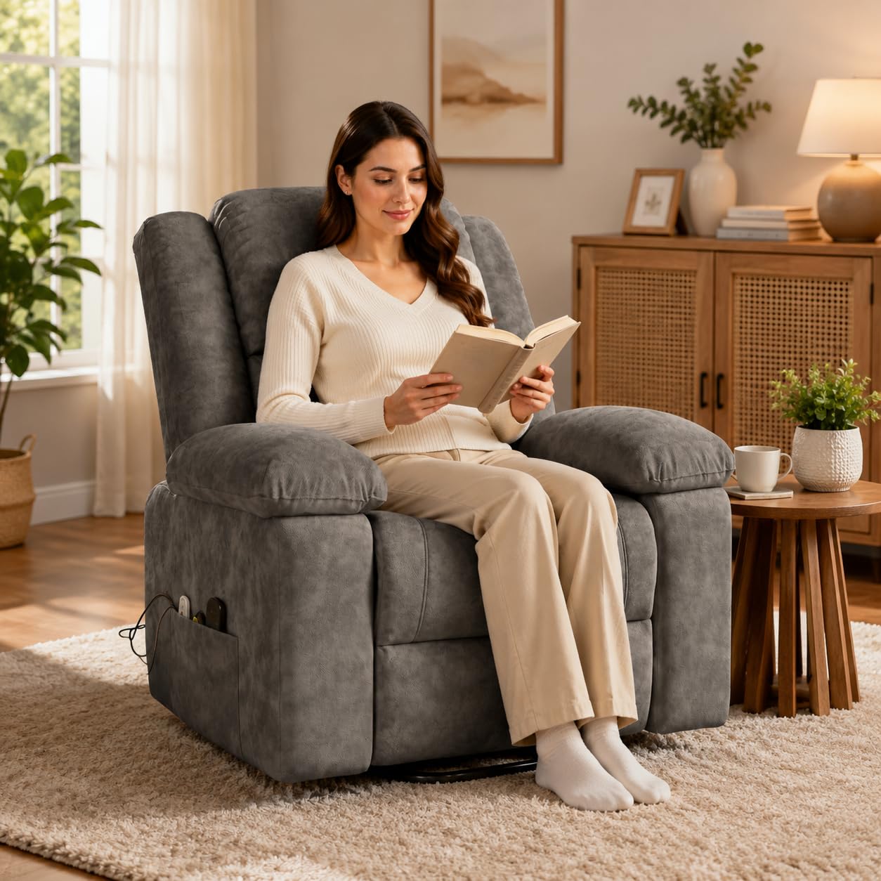 Silla de masaje eléctrica con calefacción y función reclinable vibración, ideal para relajación en salón (gris)