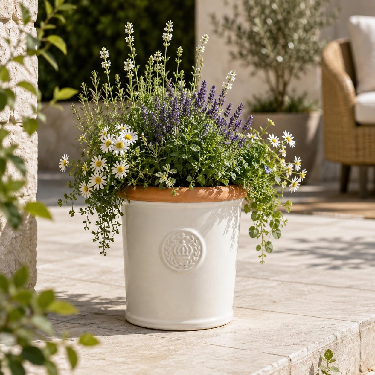 Teramico Vaso per piante con corona in gres porcellanato smaltato, 34 cm, 45 cm, assolutamente resistente al gelo e alle intemperie (grigio-bianco, 34 cm x 38 cm)