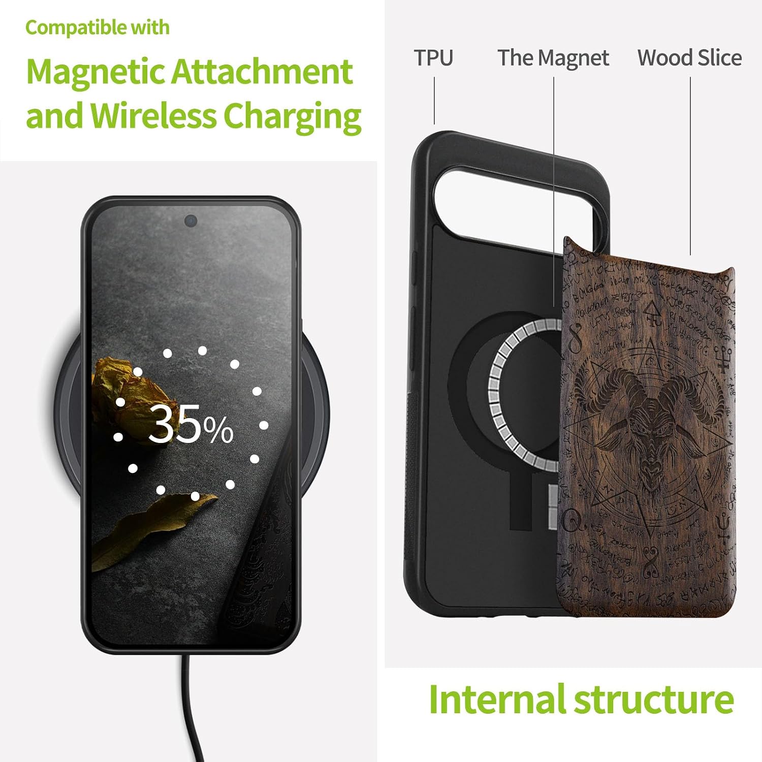 Carveit Magnetic Wooden Case for Google Pixel 9 Case, Wood Artisan Engraved & Soft TPU Shockproof Cover, Compatible with MagSafe Wireless Chargers (Horned Goat) Walnut