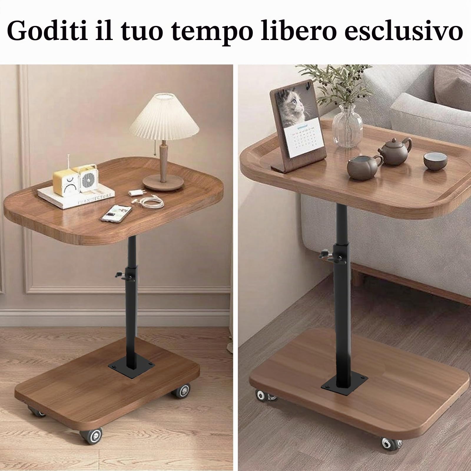 Tavolino Salotto Regolabile In Altezza (45-80 Cm),Tavolino A Forma Di C,Tavolino Divano Rotazione 360°,Con Ruote,Piano Girevole,Tavolino Laterale In Legno Per Divano Del Soggiorno E Camera Da Letto