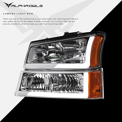 Miniatura 4 de Alpha Owls 8712153 - Faros delanteros de cristal con luces de parachoques de señal y barra de luz LED blanca, 4 piezas, color ámbar cromado para