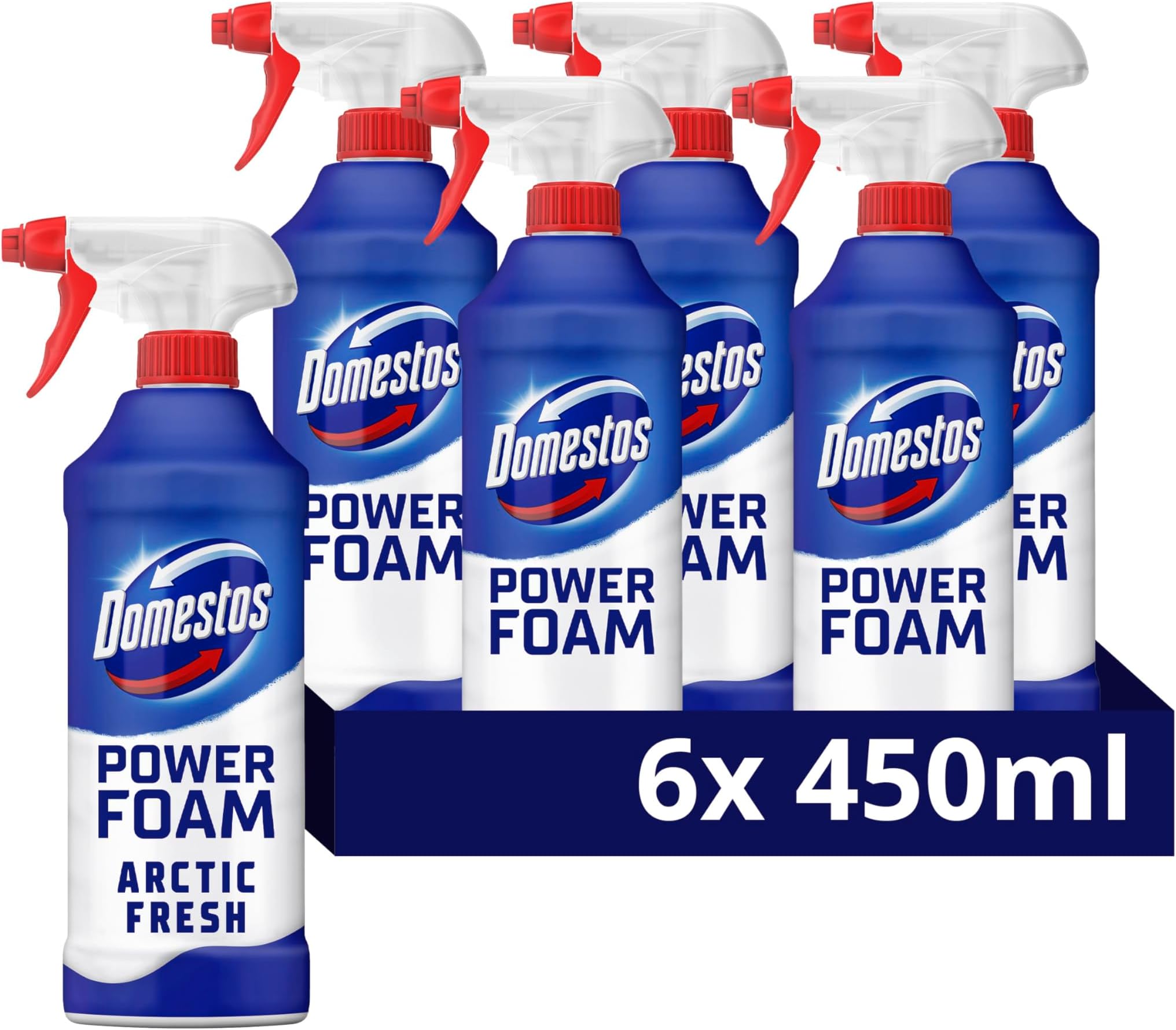 Power Foam Arctic Fresh Toilet & Bathroom Cleaner Spray sprays upside down & eliminates 99.99% of germs for cleaning inside the toilet & around bathroom 6x 450 ml