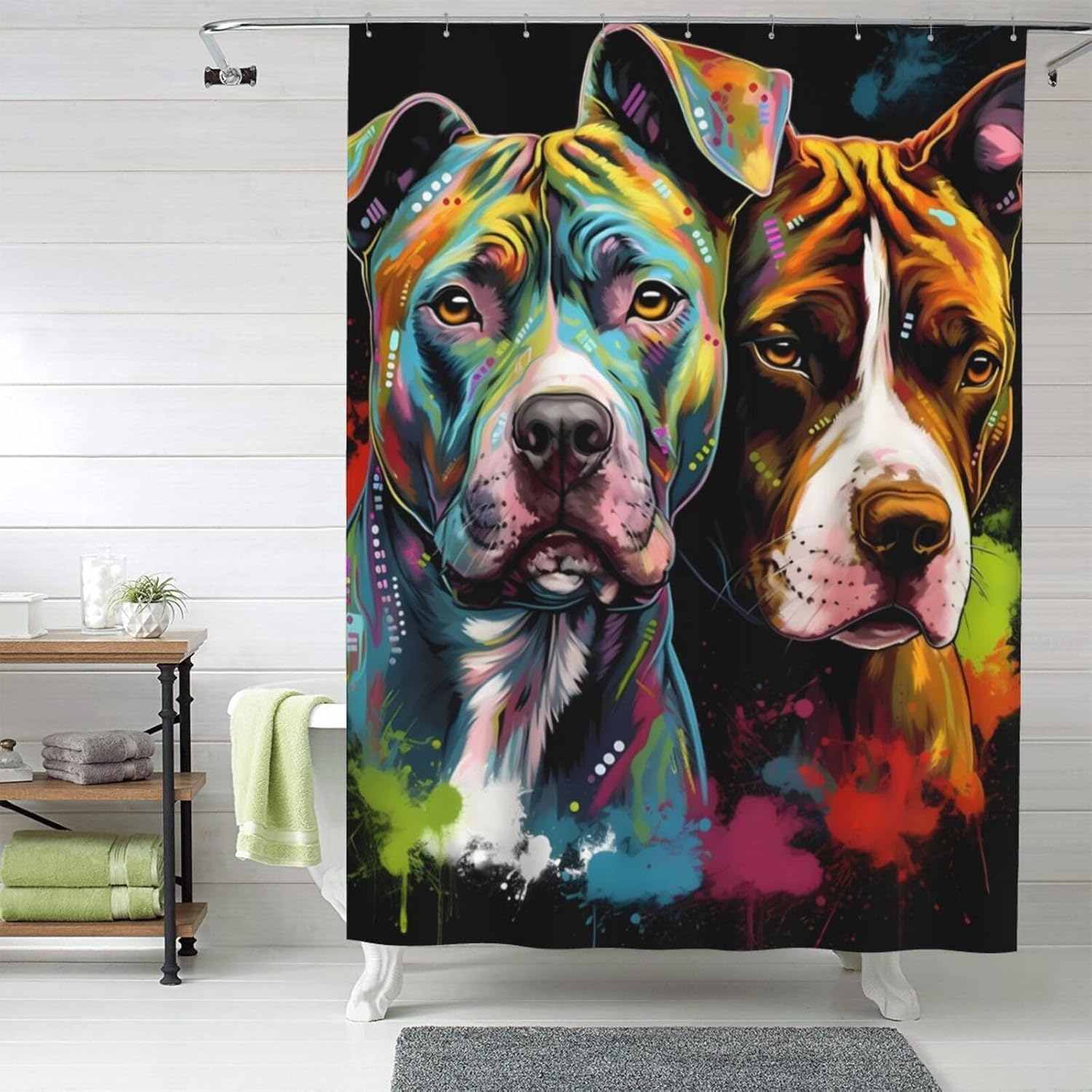 Pitbull Florescent Dog Shower Curtain, Bathroom Curtain Waterproof Polyester Fabric with 12 Hooks 60" x 72"