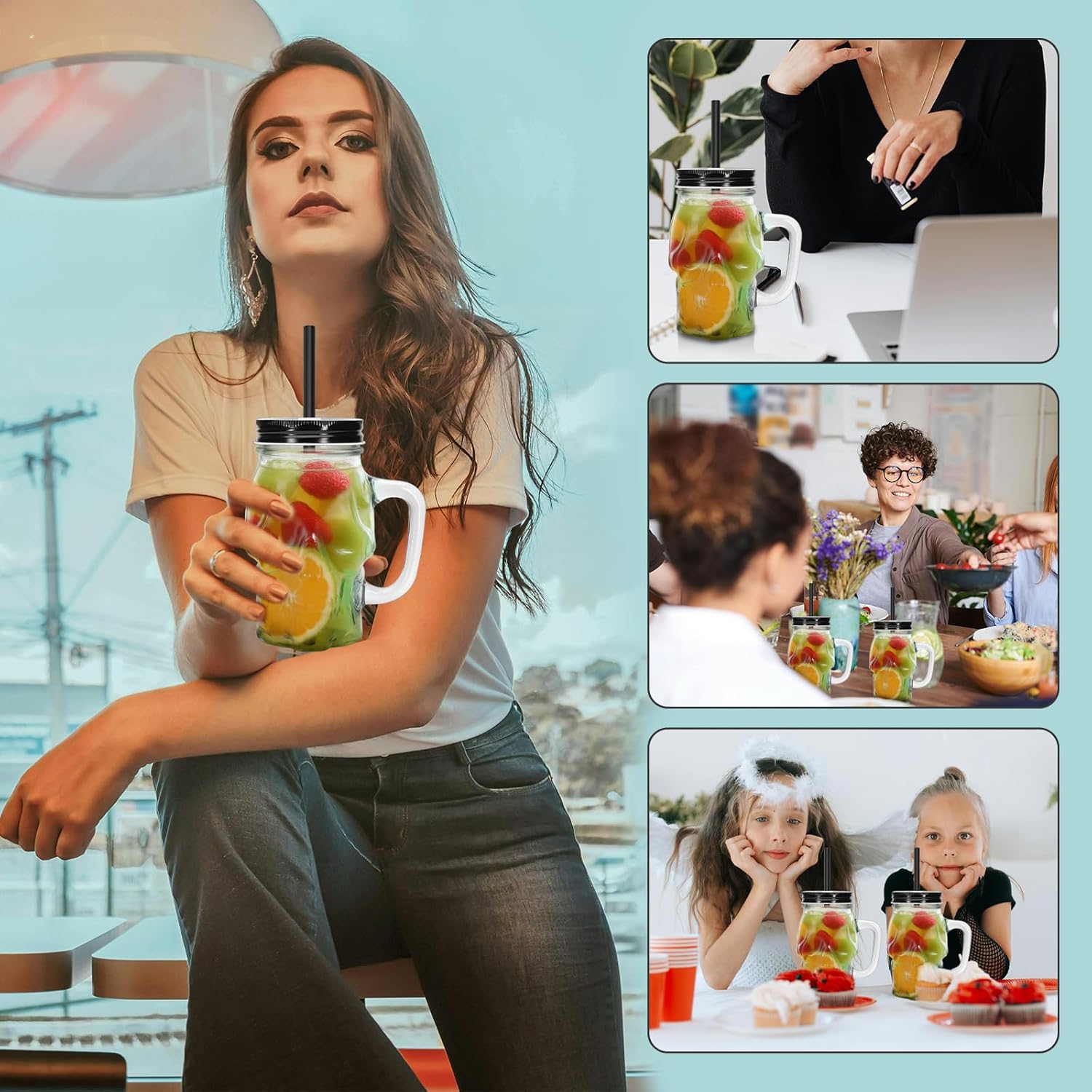 Skull Mason Jars with Handle, 16 Oz Glass Beer Mugs Gothic Wide Mouth Tumbler Cup with Straws and Lids, Novelty Pub Bar Mug Halloween Drinking Glasses for Beverage, Liquor, Mix Cocktail (4, Clear) - Image 4