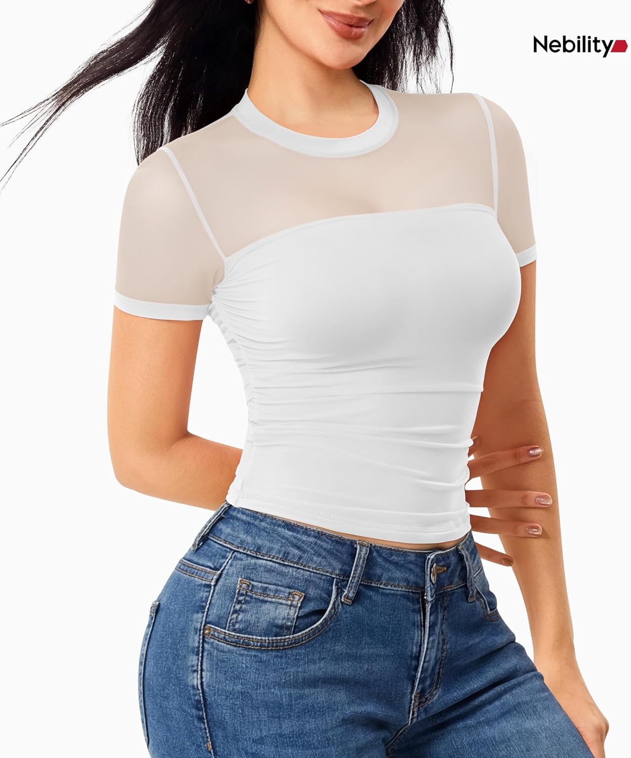 Nebility Womens Mesh Sheer Tops Short Sleeve Tee Crewneck Crop Top Going Out Date Outfits Fashion Clothes 2026 - Image 2
