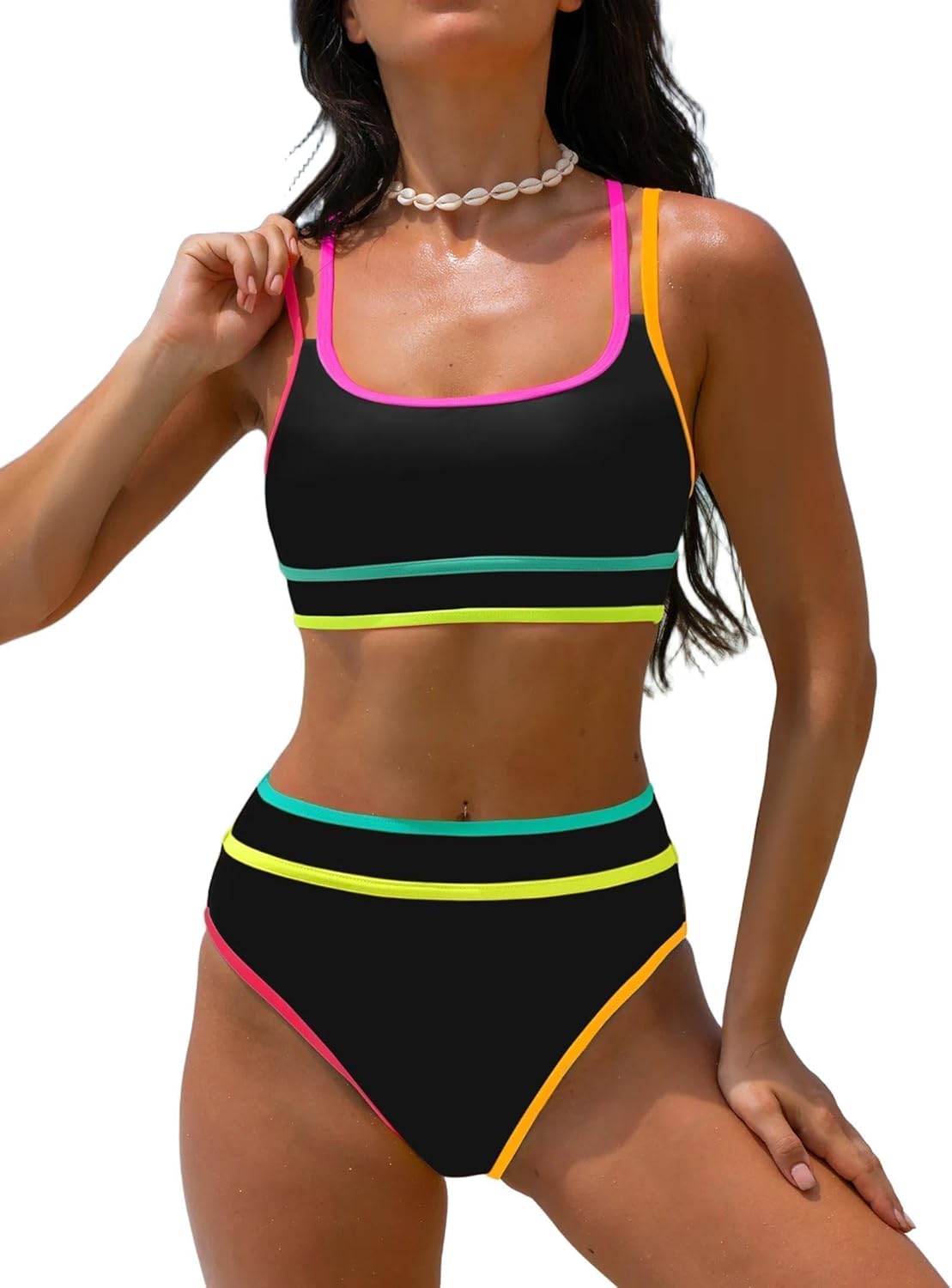popvil Women's High Waisted Bikini Sets Neon Two Piece 2026 Swimsuit Sporty Adjustable Straps Bathing Suit