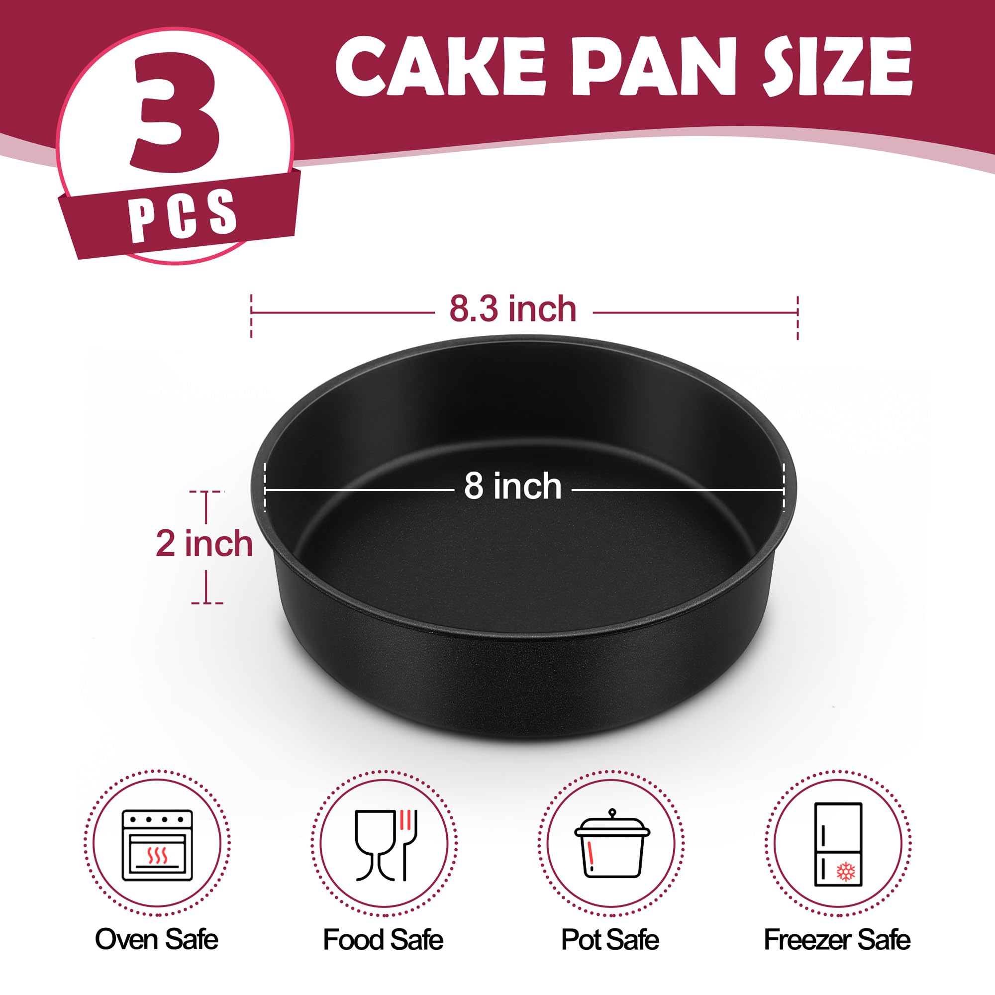 E-far Juego de 3 moldes para tartas de 8 pulgadas, antiadherentes, redondos, para hornear, núcleo de acero inoxidable y revestimiento no tóxico, 2 pulgadas de profundidad (negro)