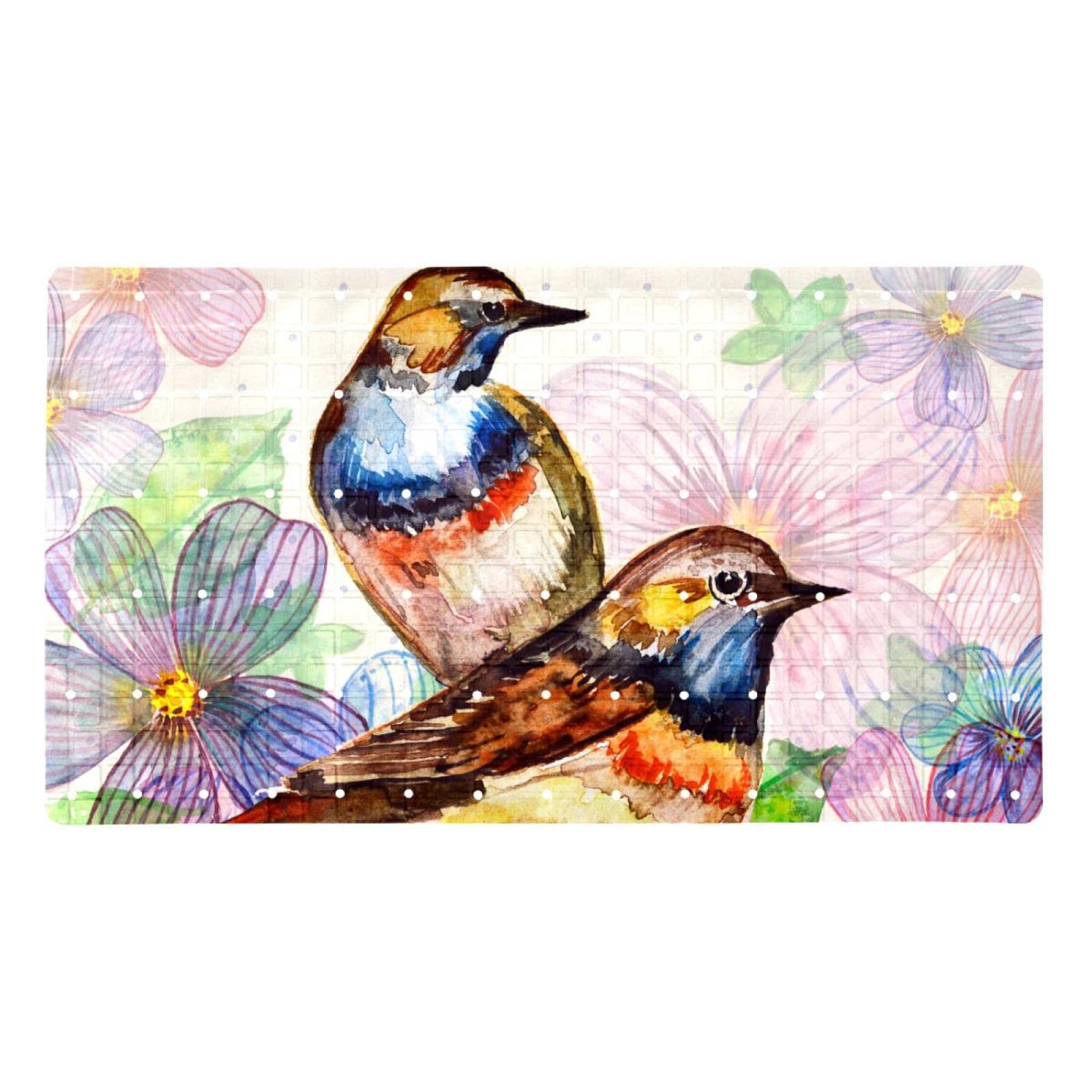 Badematte für Kinder, Motiv: bunte Blumen, Retro-Vögel, Wasserfarben, rutschfeste Badewannenmatte, Duschmatte für Babys, Kleinkinder, Kinder, maschinenwaschbar, 40 x 70 cm