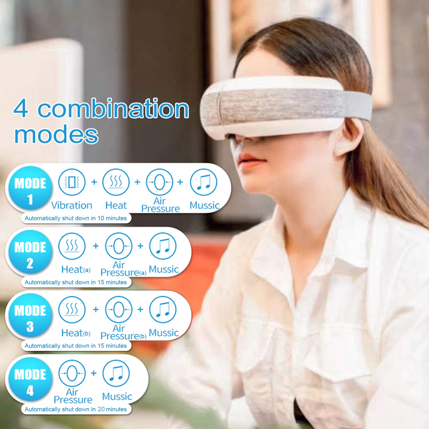 masażer do oczu inteligentny elektryczny aparat do masażu oczu, 4 tryby kompresji maska termiczna ładowalna przenośna muzyka Bluetooth (szary)