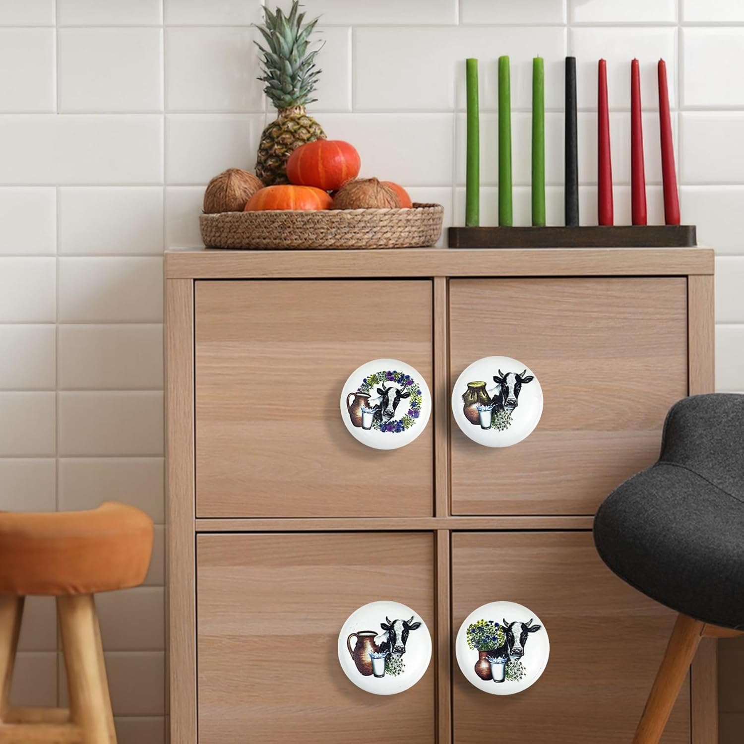 JamJam Set of 8 1.5" Ceramics Cow with Flower Farmhouse Rustic Cabinet Knobs Unique Kitchen Dresser Drawer Knobs Pulls Cupboard Wardrobe Furniture Handles