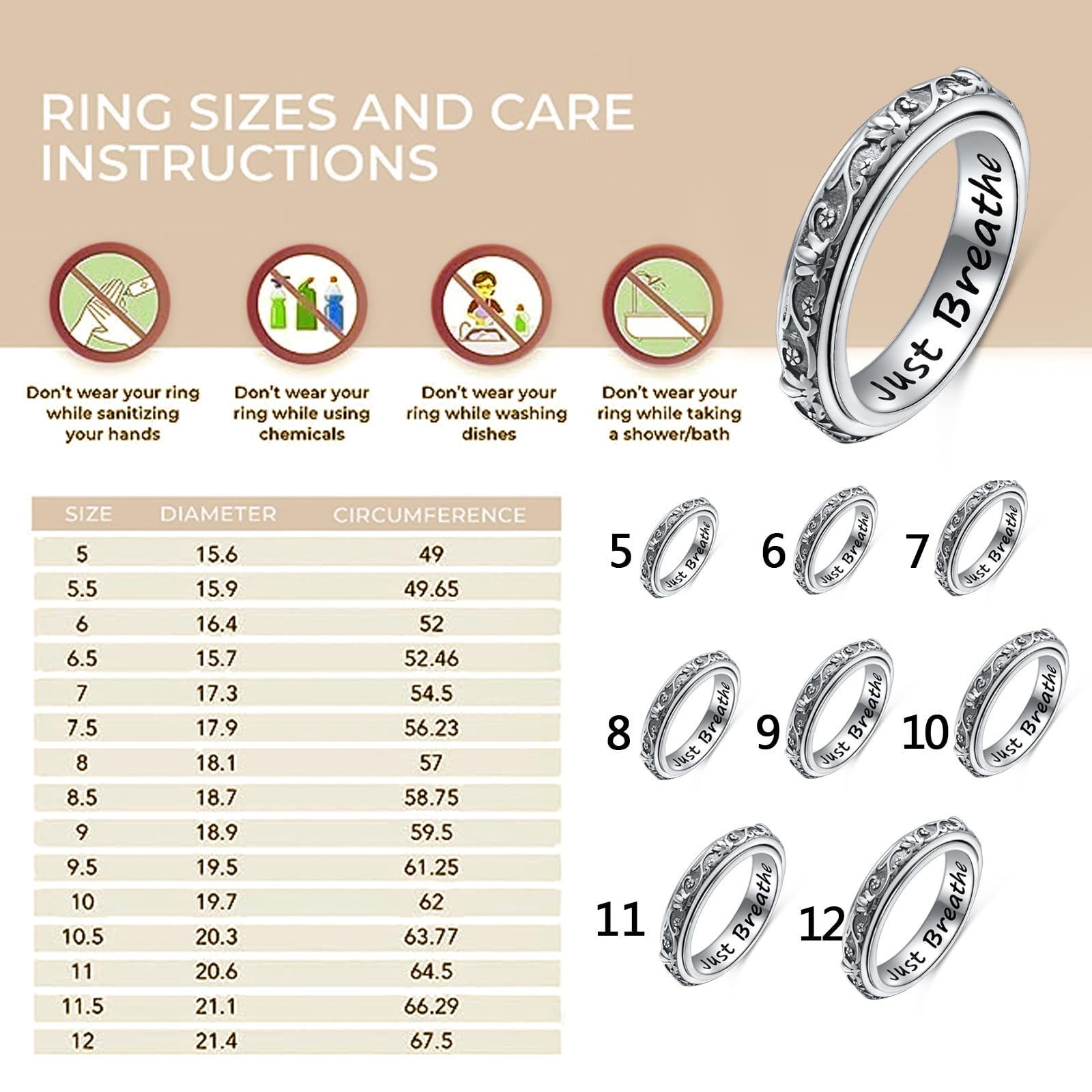 DAOCHONG Fidget-Ring, S925 Sterlingsilber, Lotusblume, Yoga, einfach atmen, Angst- und Sorgenband, oxidierter Stressabbau, Langeweile, ADHS, Autismus, Spinnerringe für Frauen und Männer