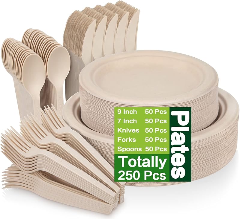Unves 250 Pcs Compostable Paper Plates Set with Extra Long Utensils, Brown | Sugarcane fibers, severs 50 guests, biodegradable disposable plates, spoons, forks and knives, for party, camping, picnic