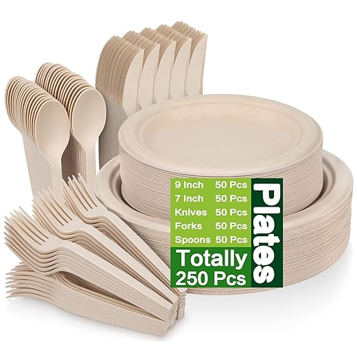 250 Piece Compostable Paper Plates Set with Extra Long Utensils, Sugarcane Fibers Disposable Dinnerware Set, Eco Friendly Biodegradable Plates, Cups, Spoons, Fork for Party, Camping, Picnic