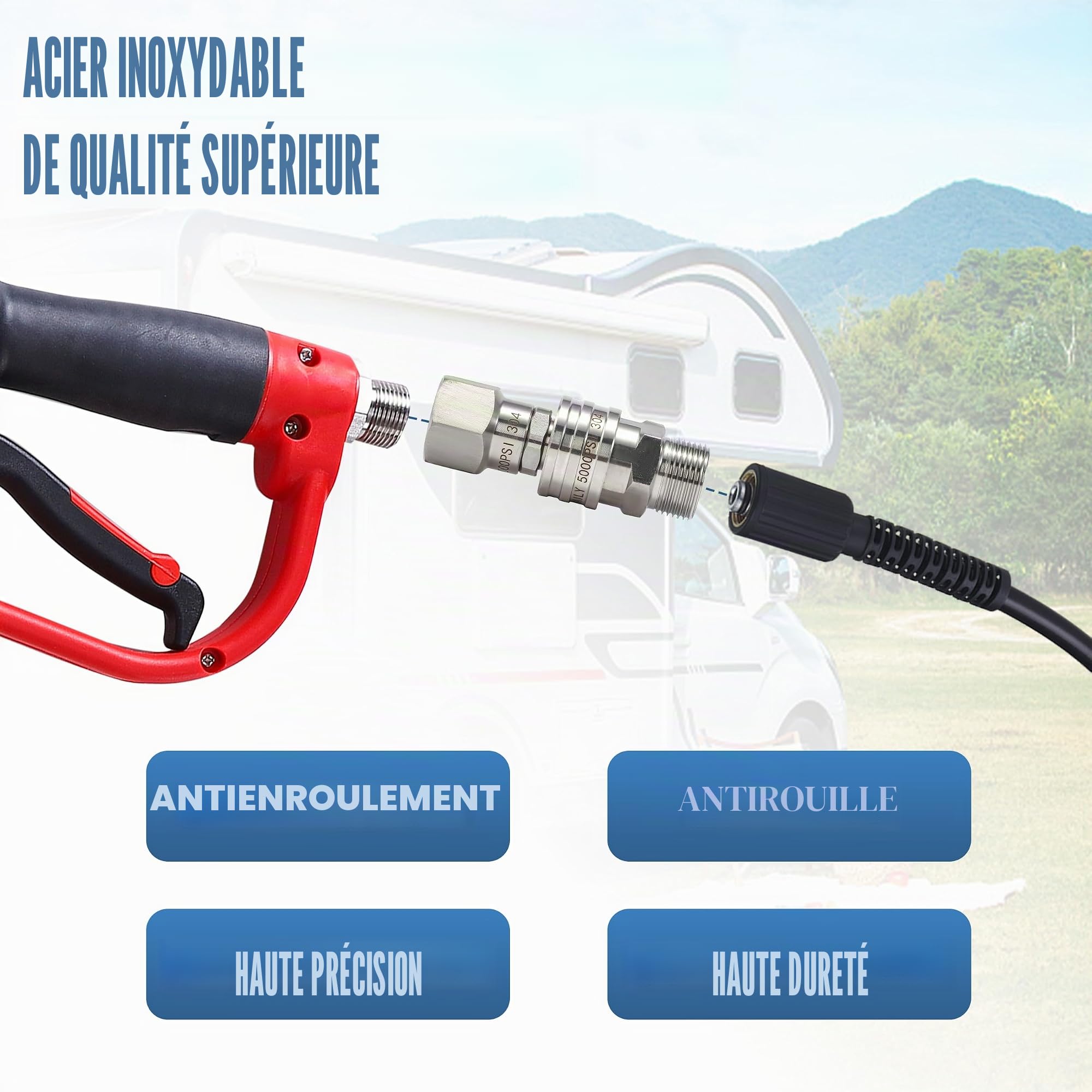 Tool Daily Jeu d'Adaptateurs pour Nettoyeur Haute Pression avec Pivotant, M22 14 mm vers Raccord Rapide 3/8", Acier Inoxydable à Déconnexion Rapide pour Tuyau, 350 Bar (5000 PSI)