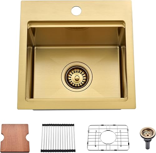 Estación de trabajo de fregadero de barra empotrable dorado de 15 x 15 pulgadas - Calibre 16 acero inoxidable tazón individual, fregadero de cocina