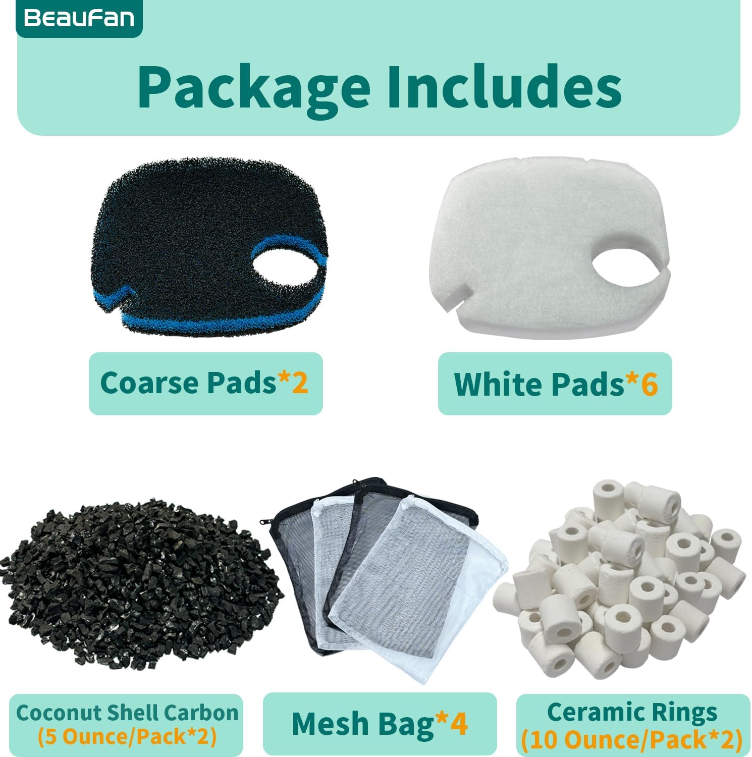 16 Pcs Fit Pondforse and AMOSIJOY 172/225/265GPH/264GPH Aquarium External Filter and Coospider-repta Aquarium Filter, 6 White Floss, 2 Coarse Filter Pads, 2 Coconut Shell Carbon, 2 Ceramic Rings&4 Bag