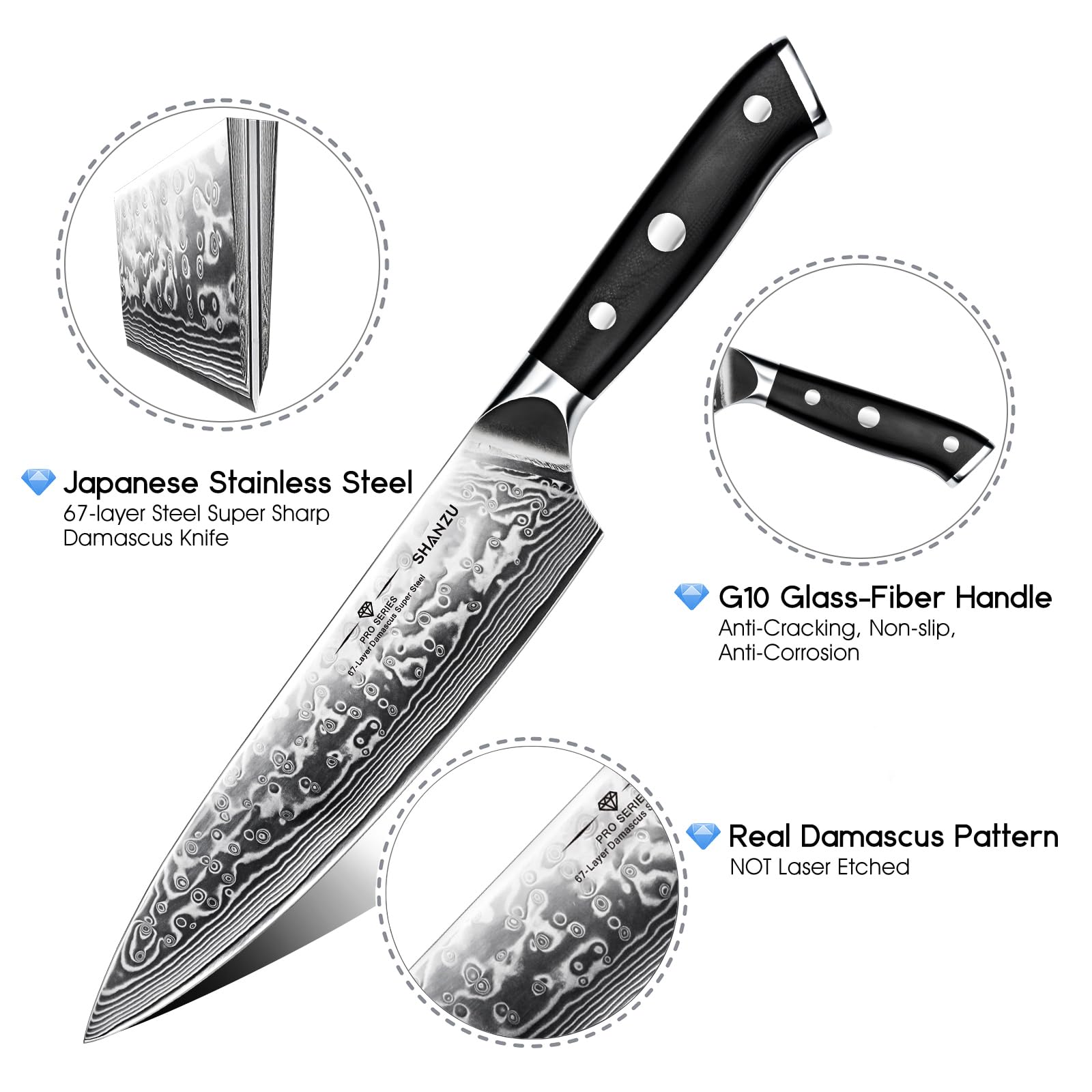 SHAN ZU Damastmesser Set 3-teilig, japanisches Damast Küchenmesser Set | scharfer Klinge aus 67 Lagen Damaststahl, kohlenstoffreichem Stahlkern, G10-Griff & Geschenkbox – PRO Series