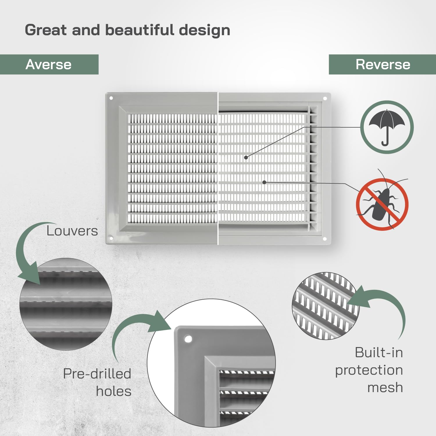 Vent Systems 250 x 170 mm / 10" x 7" Inch Grey Rectangular Plastic Air Vent Cover, Louvered Wall Grille with Screen Mesh - Image 3