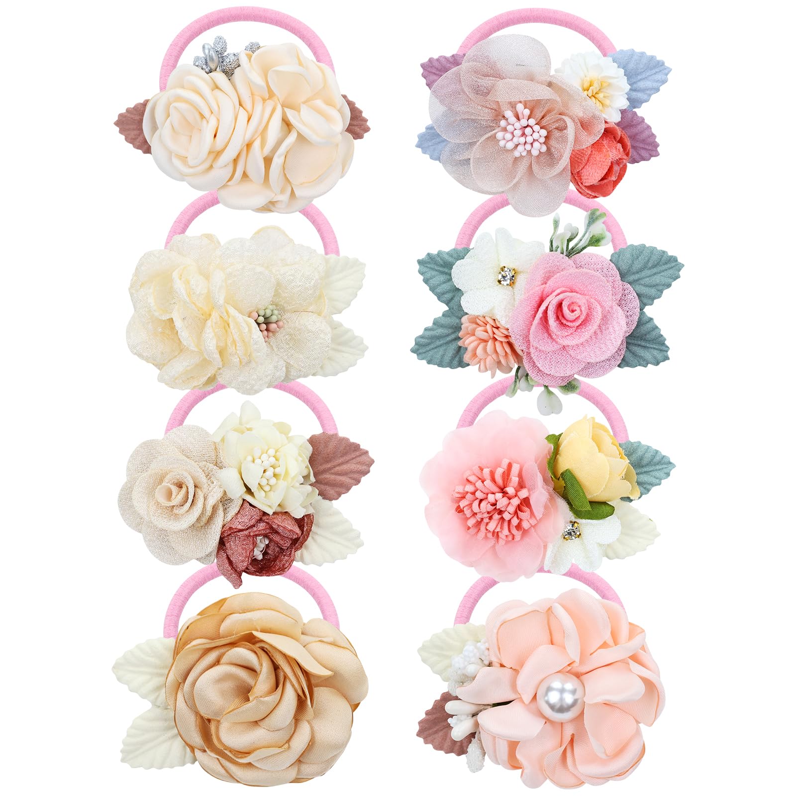 Dizila 8 Pack Decorative Pearl Flower Hair Ties Rubber Bands Elastics Stretchy Floral Hair Scrunchies Pigtail Ponytail Holders for Baby Girls Infants
