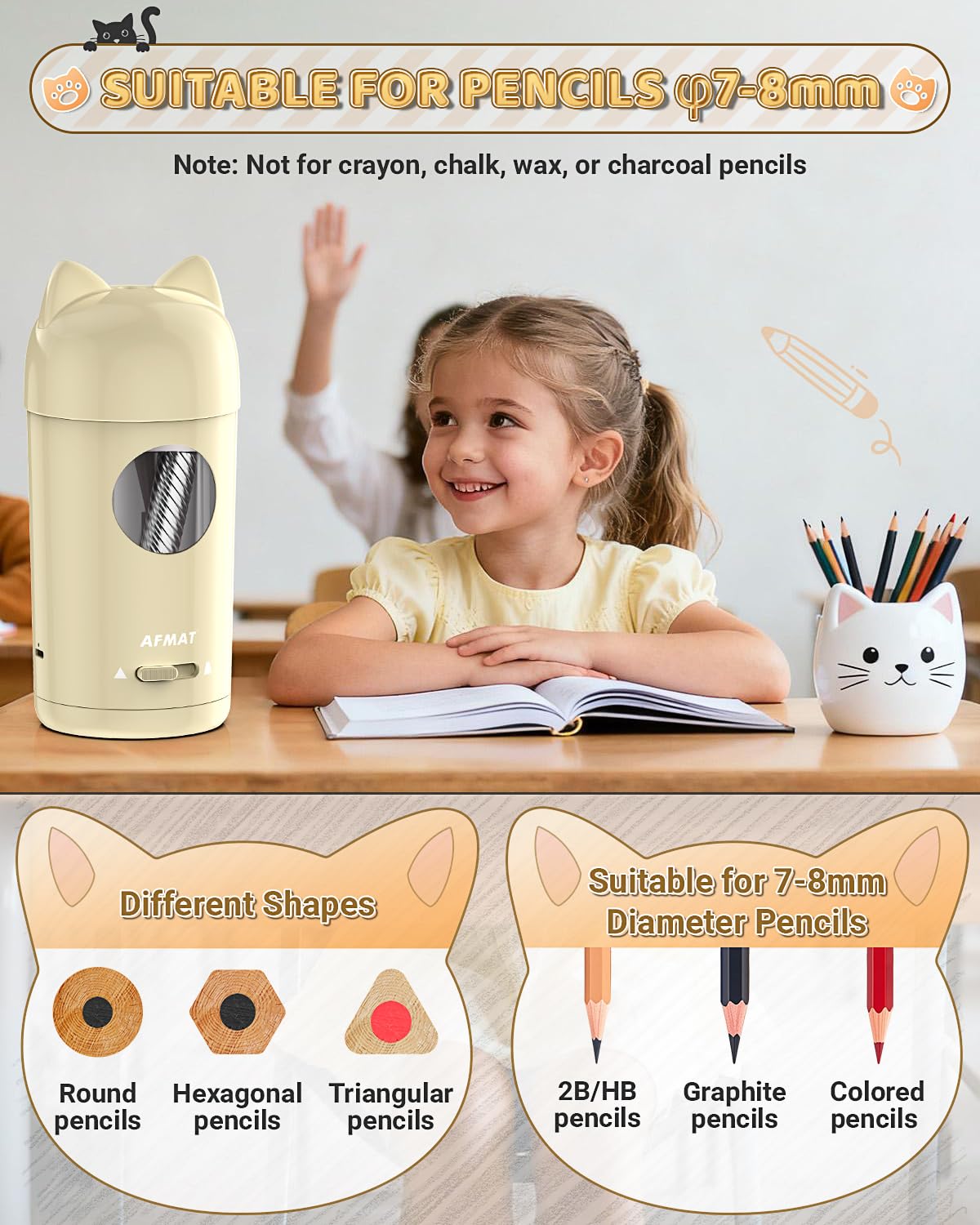 AFMAT Electric Sharpener with Container, Cute Pencil Sharpener with Cat Ears, Fully Automatic & Rechargeable, Auto in Out for 7-8mm Pencils,Gift for Kids Artists Home School Studio Use,Off White PSX9 - Image 3