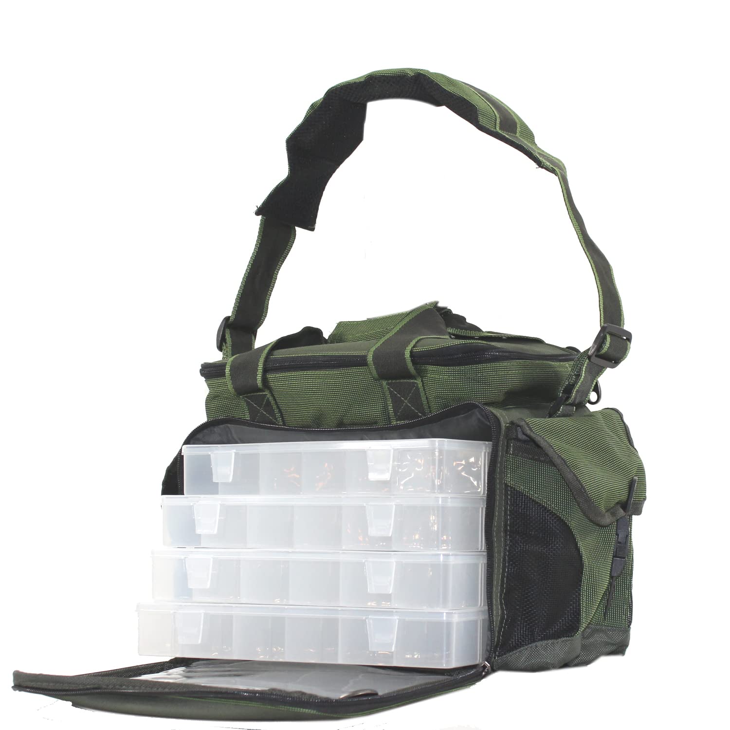 Angelboxentasche inkl. 4 Tackle-Boxen | Angelkoffer für Zubehör Wasser-Abweisend gepolsterte Schultergurte Angeltasche