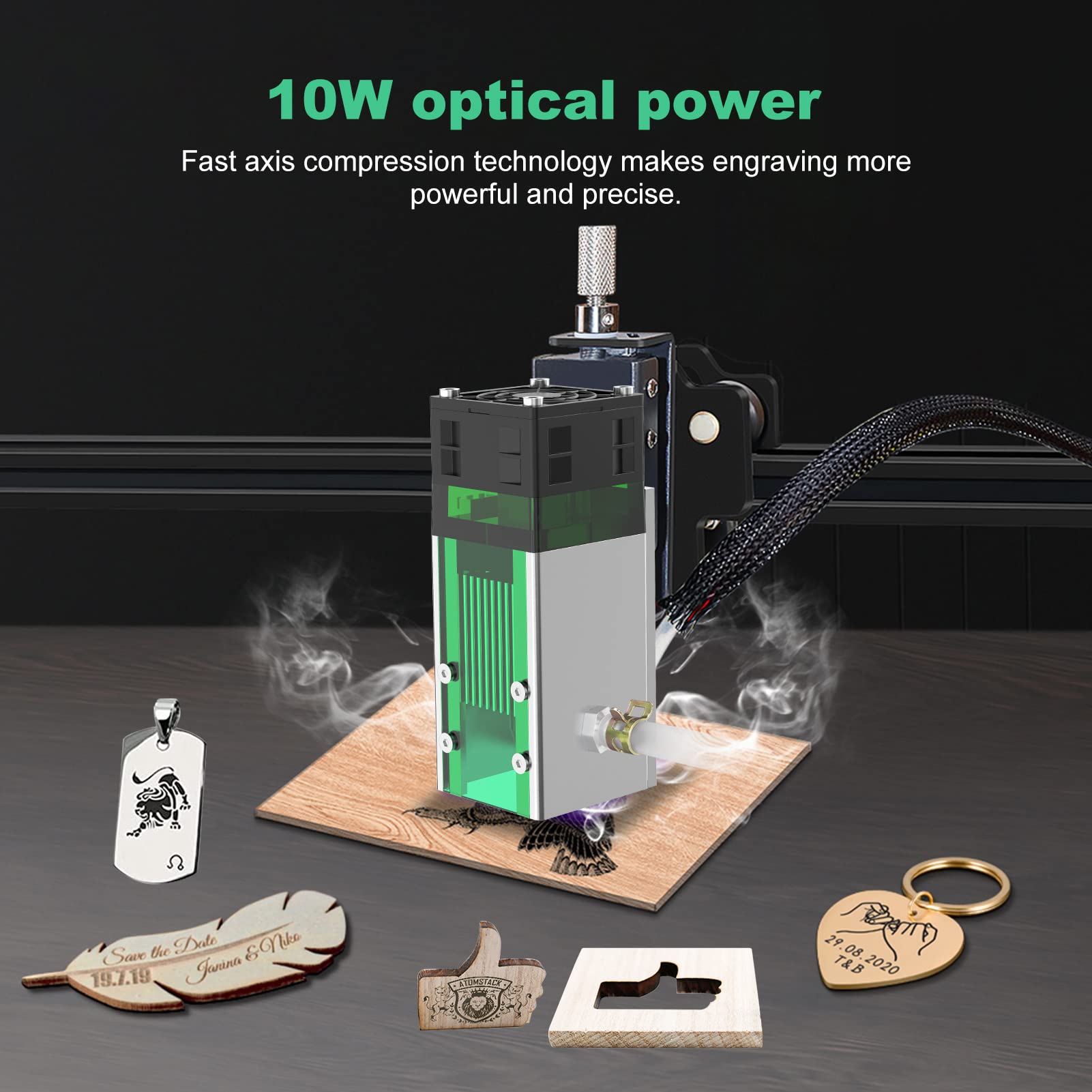 Twotrees 10W Lasermodul für Lasergravur, Hochpräziser Fixfokus Laserkopf mit Schutzhaube & Luftführung, 1200°C Sintertemperatur für CNC Holzschneiden & Metallgravur, Kompatibel mit S9/A5 Pro