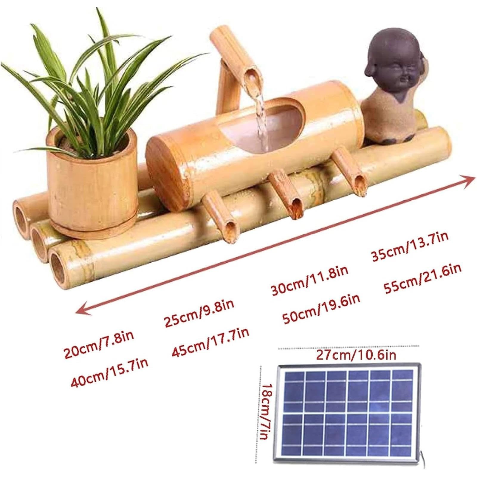 Solarna, bambusowa fontanna wodna z pompką, dekoracja Zen Feng Shui, funkcja płynącej wody, do ogrodu, na patio, podwórko, 25 cm