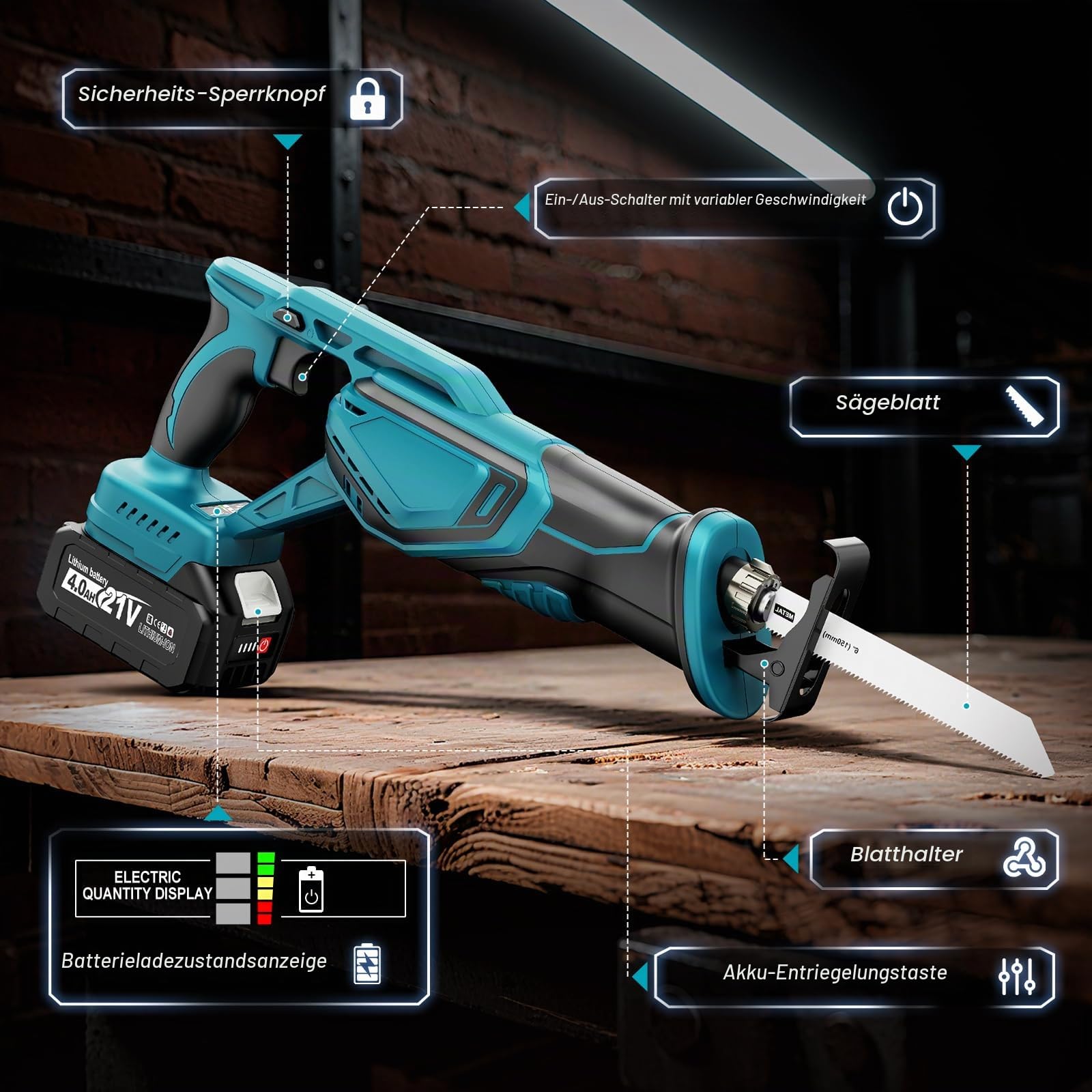 Säbelsäge Akku 21V, 3500 SPM Bürstenlosem Motor, Akku Säbelsäge mit 2x 4.0Ah Akku und Ladegerät & 8 Sägeblätter zum Schneiden von PVC, Holz, Metall