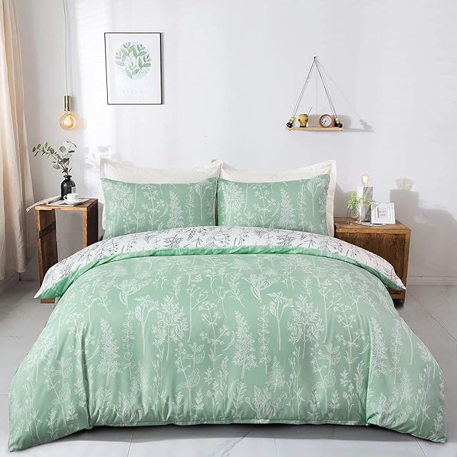 Bedding Duvet Cover Set Double Size 3 Pcs Floral Branch Pattern Soft Microfiber 1 Duvet Cover and 2 Pillowcases(Green, 200x200cm)