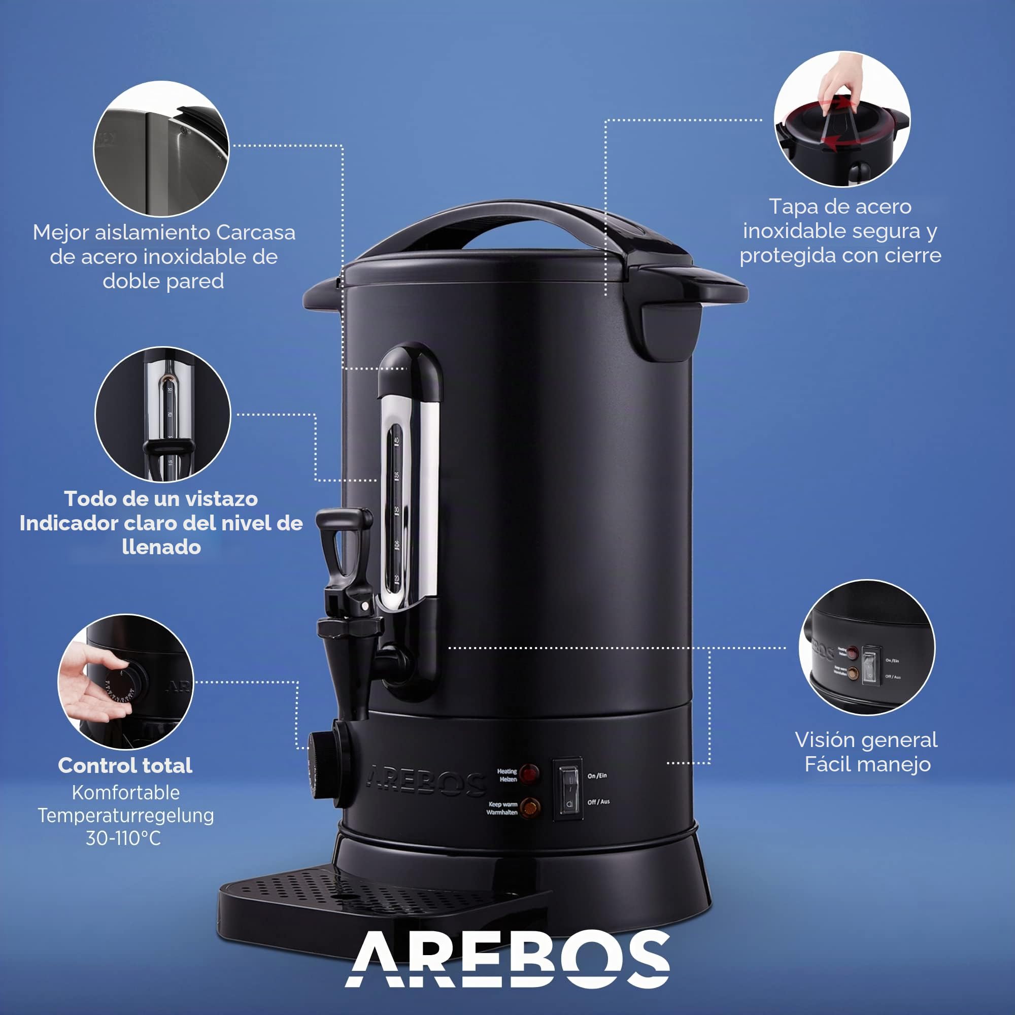 Arebos Cocina eléctrica para vino caliente 950 W 8,8 L | Hervidor para Vino Caliente | Dispensador de Bebidas Calientes con grifo de salida | termostato y protección contra sobrecalentamiento