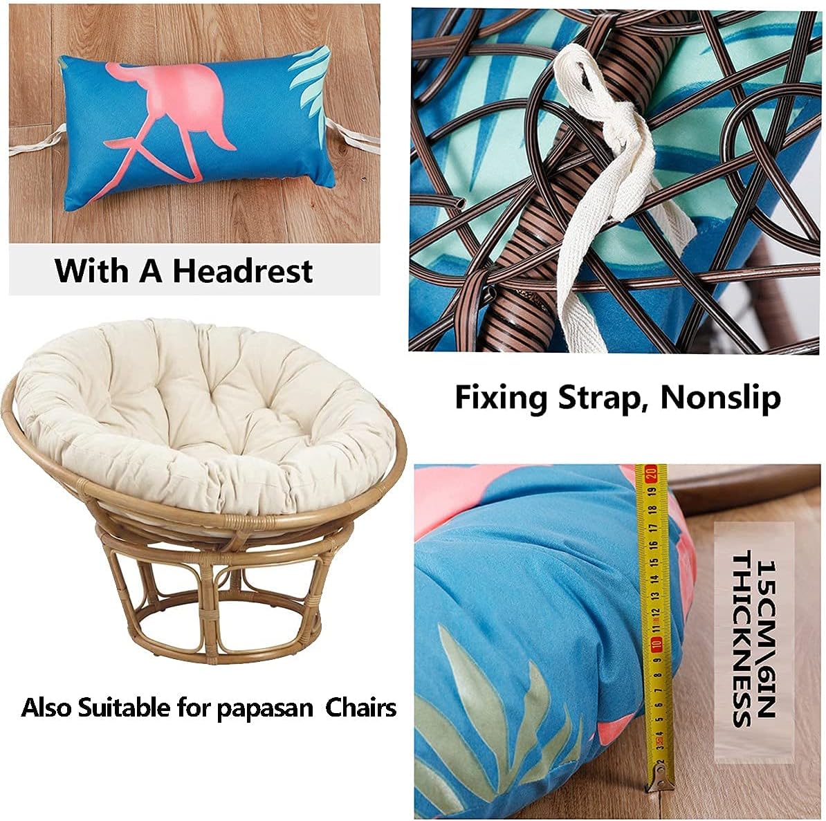 WEIGE Egg Chair Cushion Replacement, Outdoor Hanging Swing Chair Seat Cushion, Thicken Round Garden Hammock Chair Cushion with Adjustable Headrest, Washable Chair Cushions Chair Pads Green