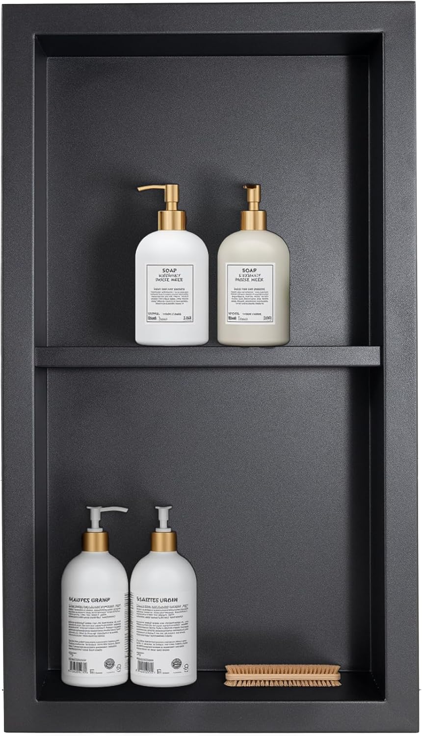 Stainless Steel Shower Niche No Tile Needed Recessed, 24" x 12" Recessed Wall Niche Shelf for Bathroom Storage-Sliver (with Partitions, Black)