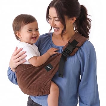 Boba Buddy Toddler Sling Carrier, Cotton Side & Hip Carry, Brown Cord | Quick Over-Shoulder Design with Safety Buckle, Adjustable Strap and roomy seat, matching travel bag for days out.