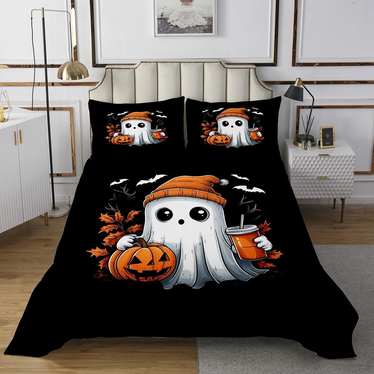 Cute Ghost Quilt Set Gothic Pumpkin Lantern Bedspread Set Bats Halloween Decoration Indoor Queen Size, Fall Leaves Coverlet Set Horror Silhouette Spooky Dark Shadows Quilted Cartoon Halloween Decor