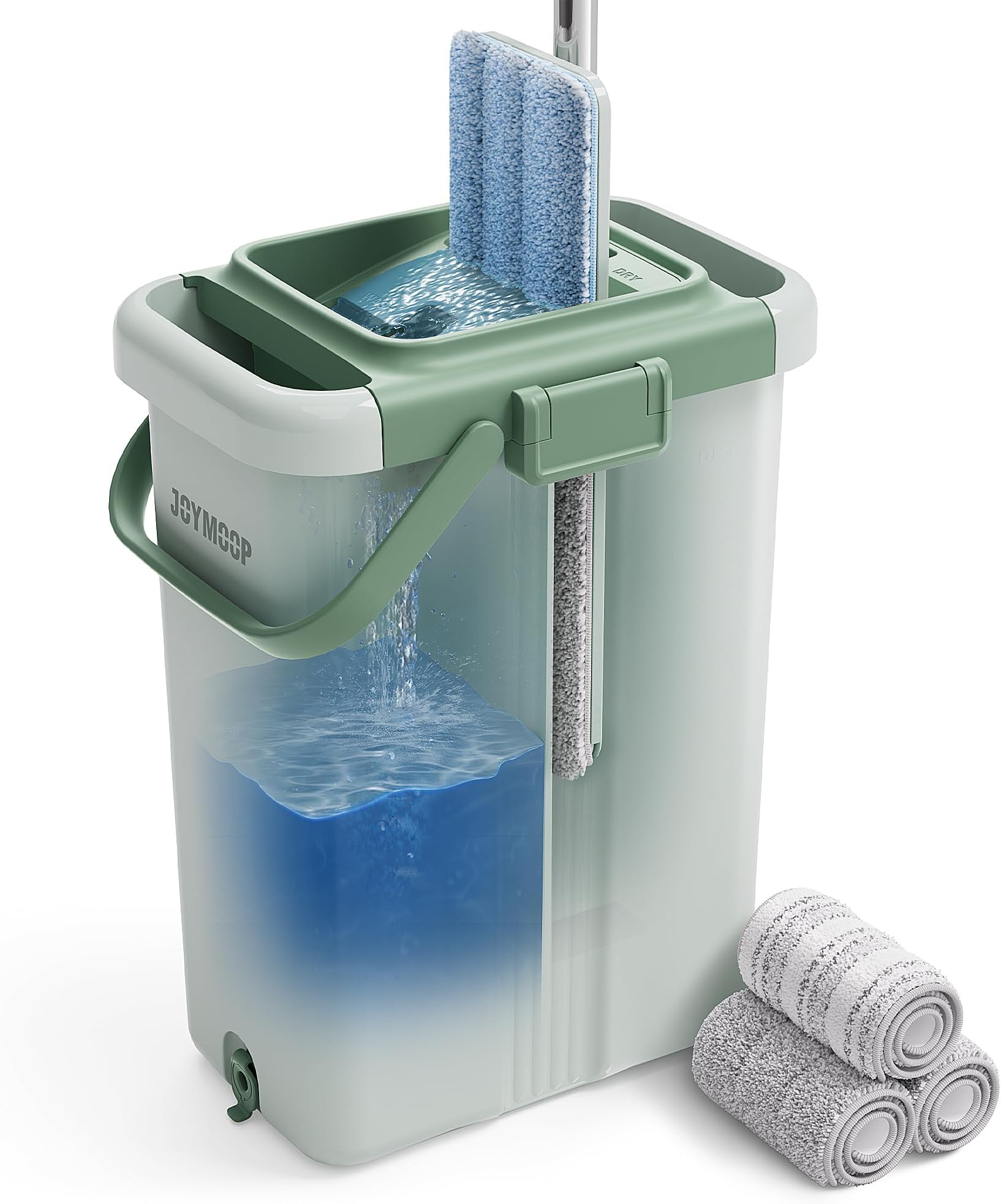 Mop and Bucket Set - Mops for Floor Cleaning & Wall Cleaner with Long Handle, Include 3 Microfiber Mop Pads - Green Bucket (X-Large)
