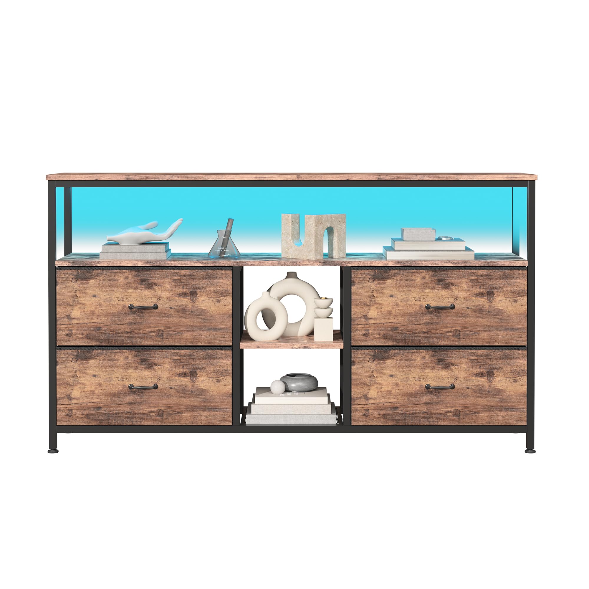 BRILVERDE Meuble TV LED 108cm avec 4 Tiroirs en Tissu PU, Banc TV Vintage, Meuble Télé avec Rangement, Buffet Multimédia pour Salon, Chambre (Rayures de Tigre, 108cm A)