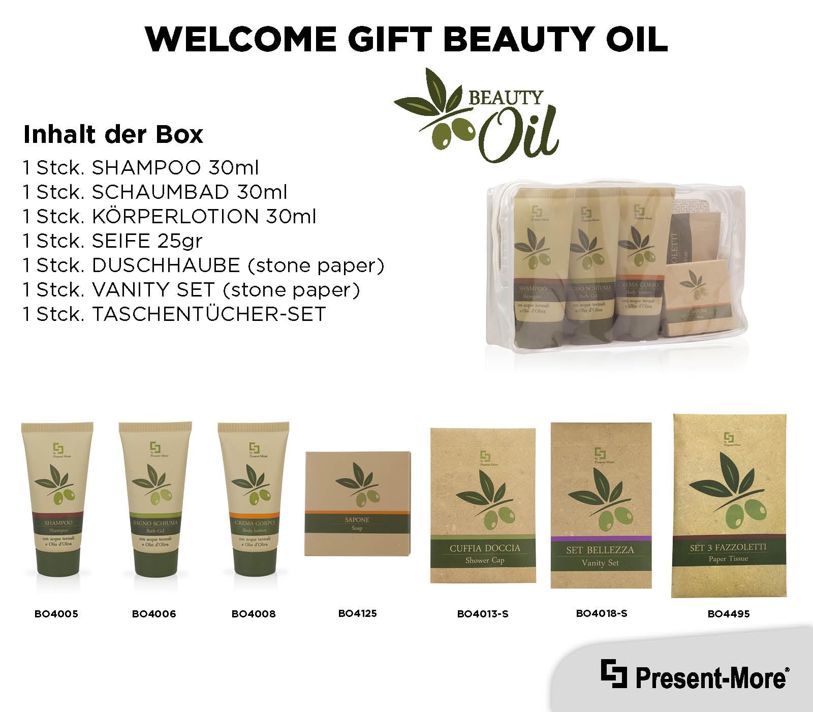 Present-More Amenities Kit Beauty Oil - Welcome Gift Toilettenartikel 24 Gäste für Hotels und B&B | Allergenfreie Amenities Kit mit Duftnote Tahitian | Tahitian Parfum – Shampoo, Duschgel, Creme, Seife und Zubehör – Made in Italy – für Hotels und B & B