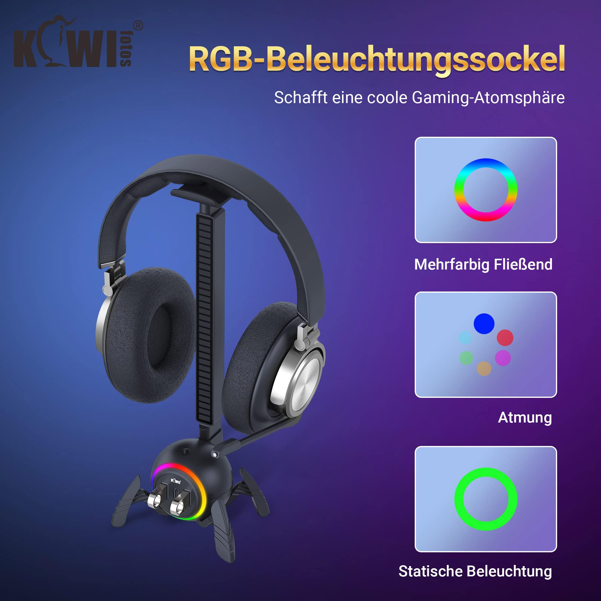 KIWIFOTOS Stojak na słuchawki z koncentratorem USB, stojak na słuchawki RGB z antypoślizgową podstawą, antypoślizgowa podstawa, akcesoria do gier komputerowych, odpowiednie do gier stołowych na biurko