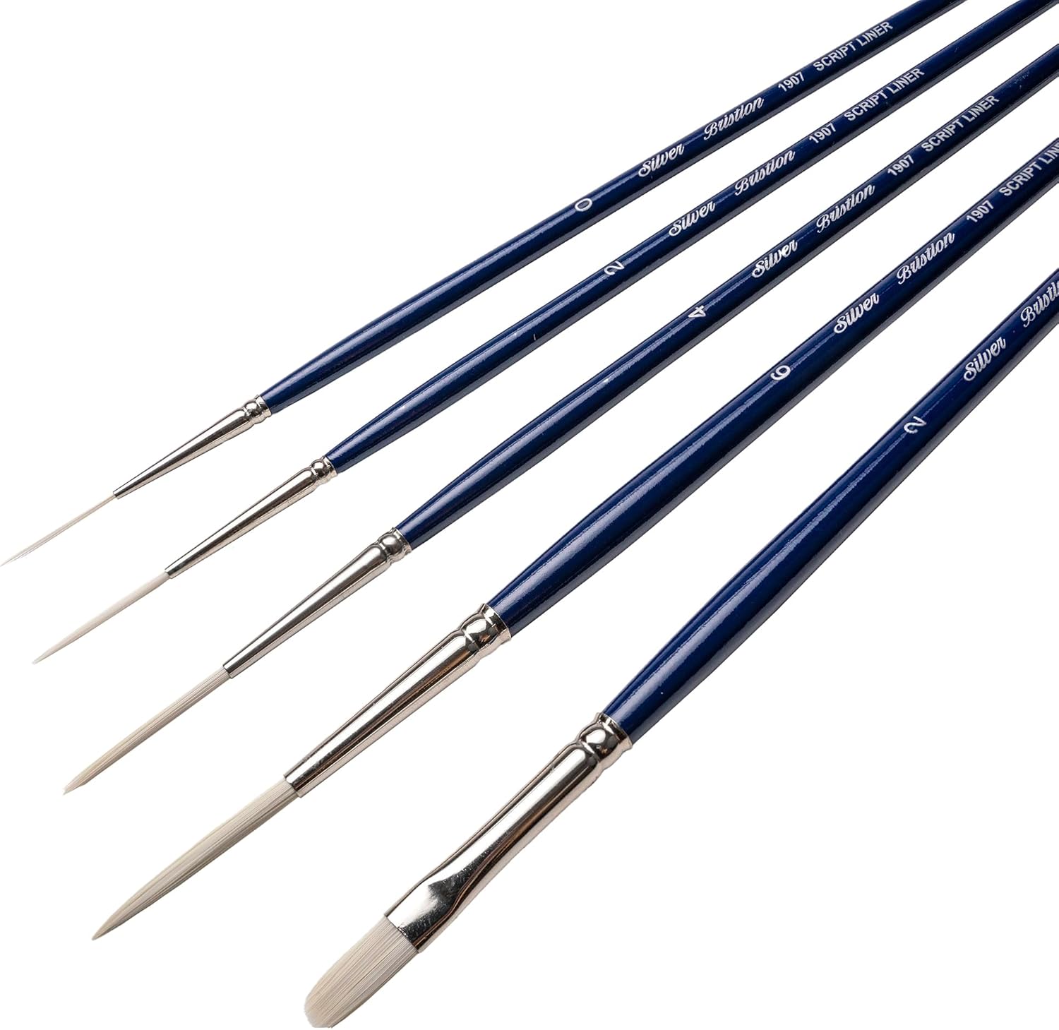 Silver Brush Limited BR-1952 Bristlon Long Handle Detail Set, 5pc Premium Short Handle Brushes with Stiff White Synthetic Tips, Script Liner & Filbert Brushes for Acrylic, Oils, Gouache and Watercolor