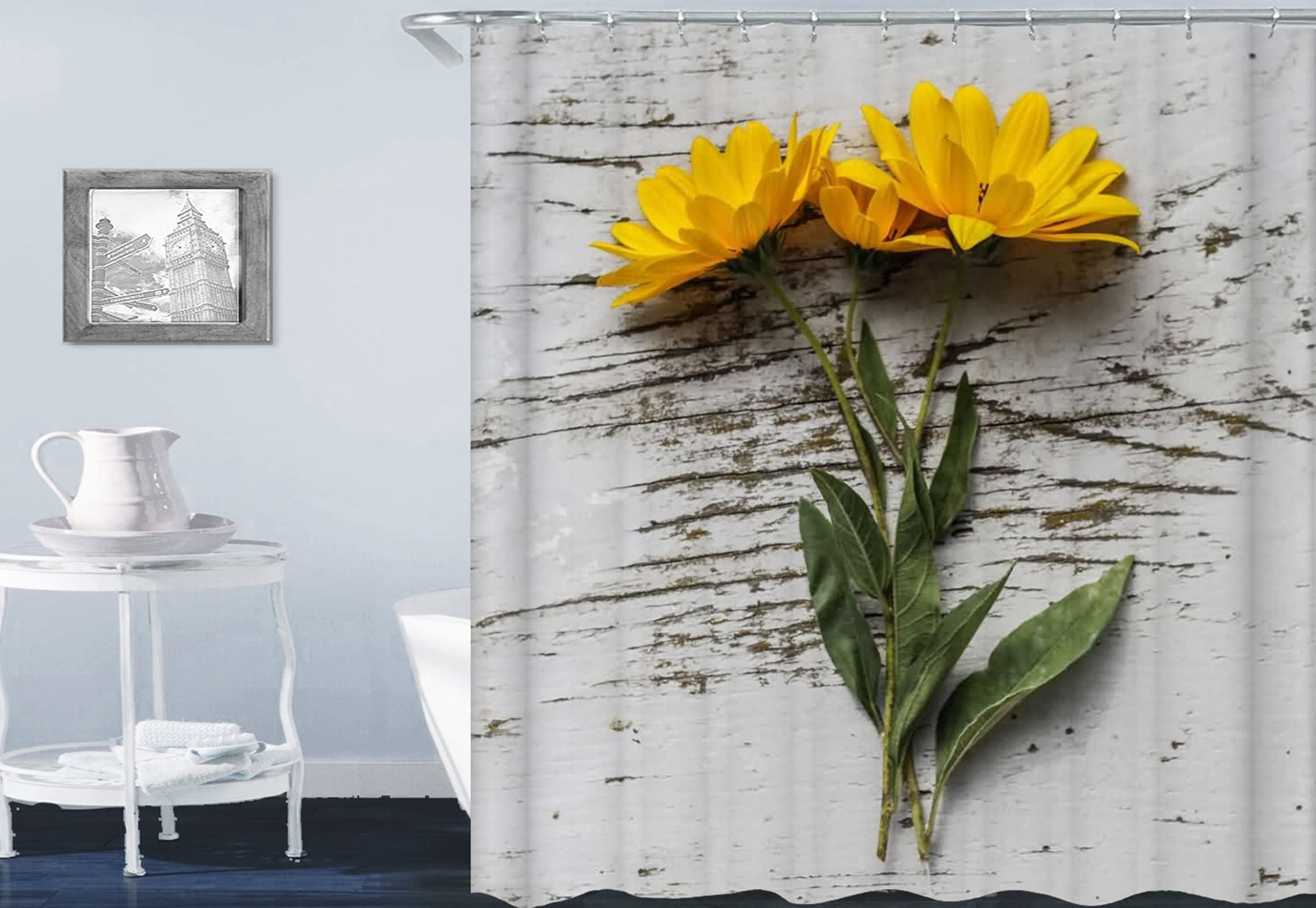 Rideau de douche salle de bain imperméable motif fleurs jaune gris 180x200cm polyester anneaux