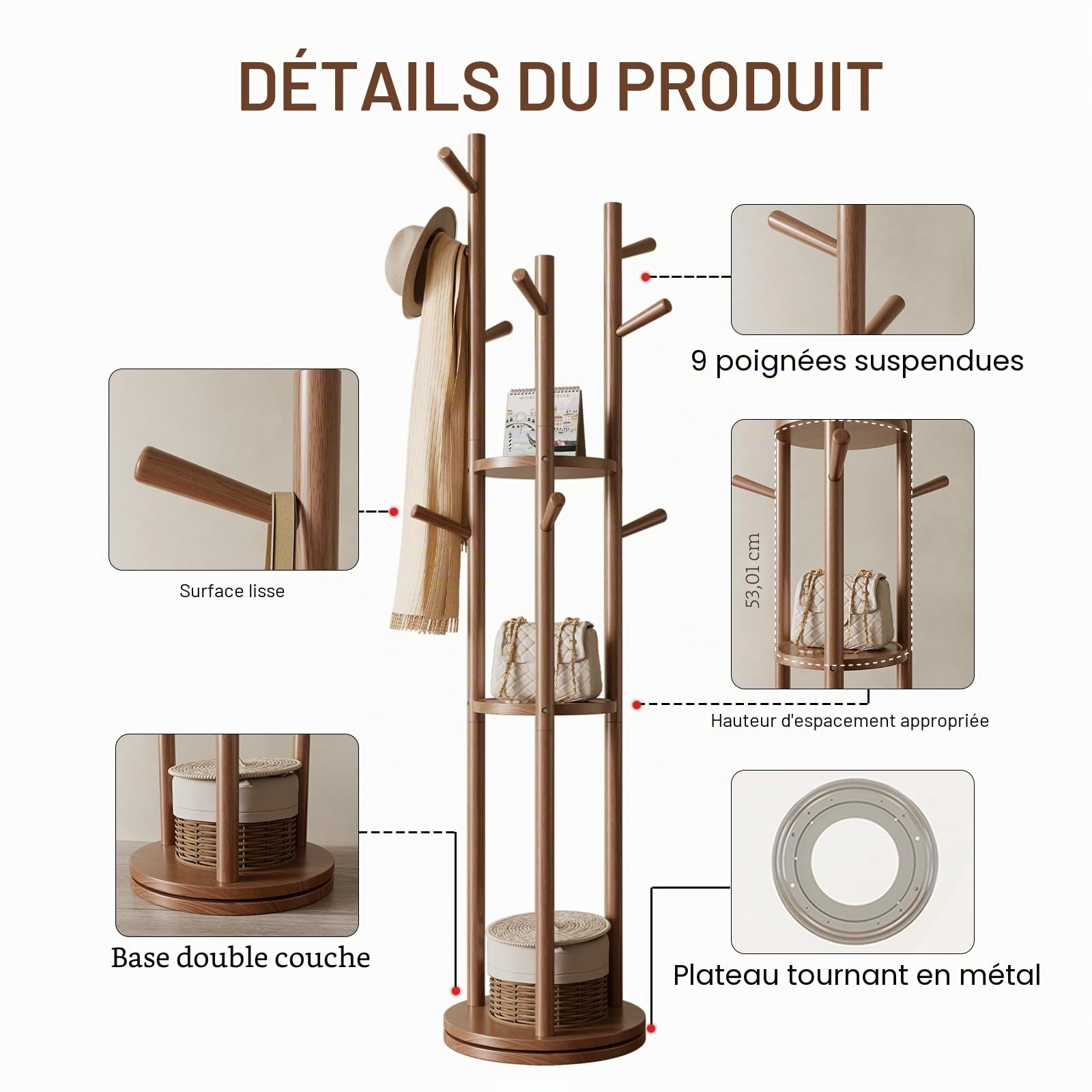AQIMUELE Portemanteau Rotatif en Bois, Portant à Vêtement d’Entrée, Porte-Manteau sur Pieds pour Vêtements/Sacs/Chapeaux, pour Maison/Bureau/Entrée/Couloir, Noyer