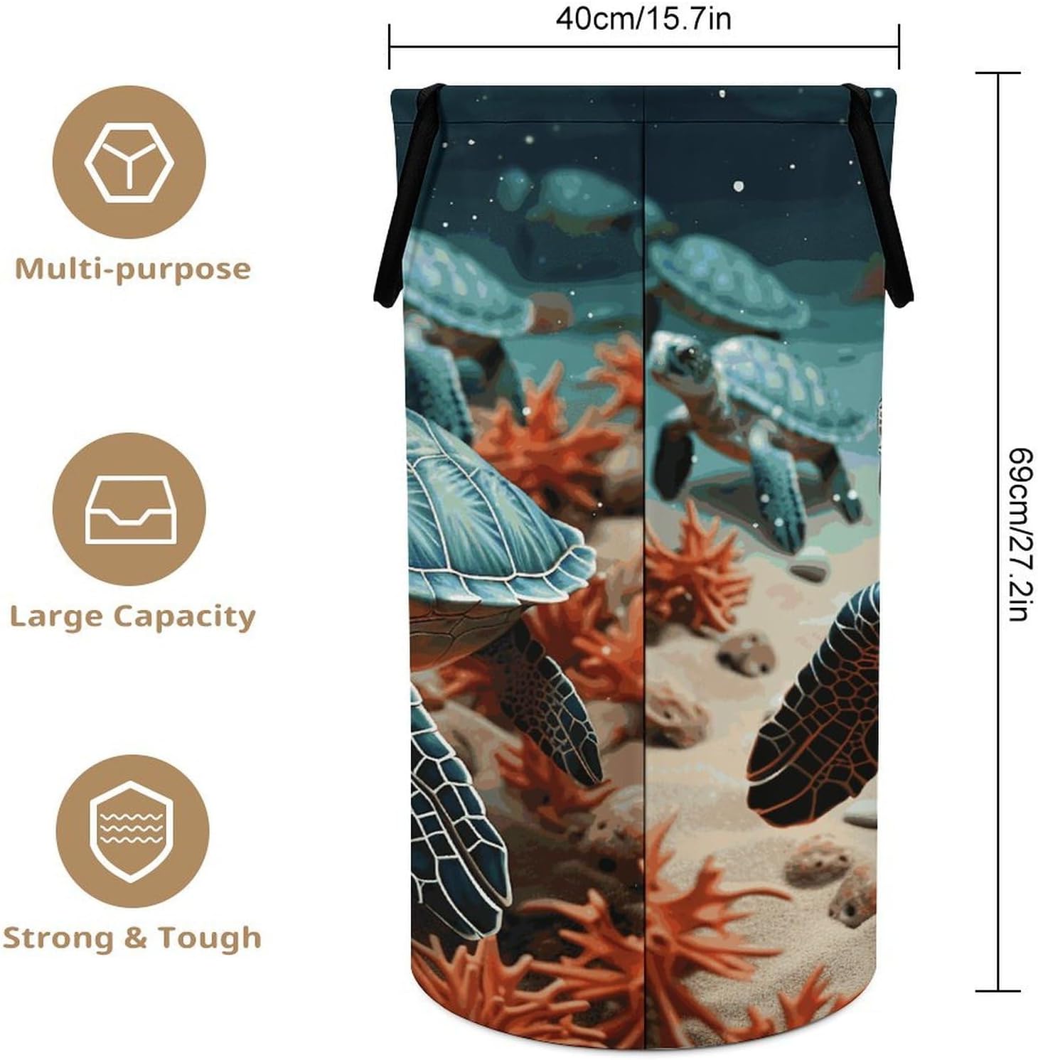 Large Laundry Hamper with Handles Turtle Starfish Laundry Basket Freestanding Waterproof Clothes Hamper for Living Room Bedroom Bathroom College Dorm