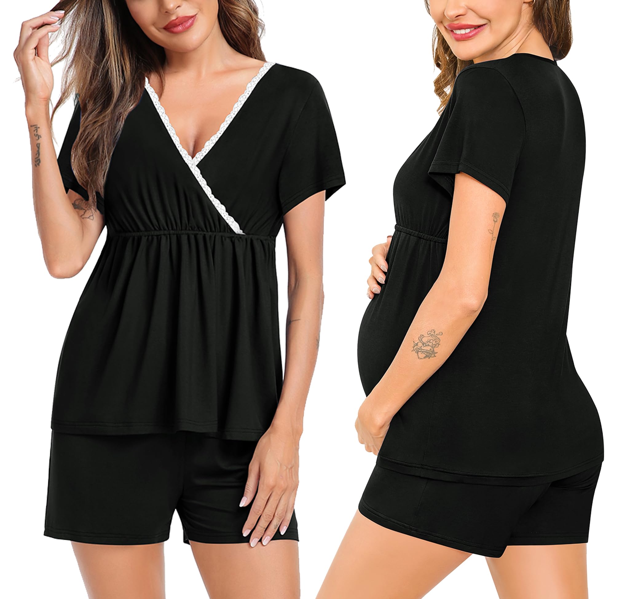 Pigiama premaman da donna Set di pigiama per allattamento Set di gravidanza Pigiama per allattamento al seno 2 PCS Pigiama a maniche corte pigiama postpartum pigiama maternità indumenti da notte